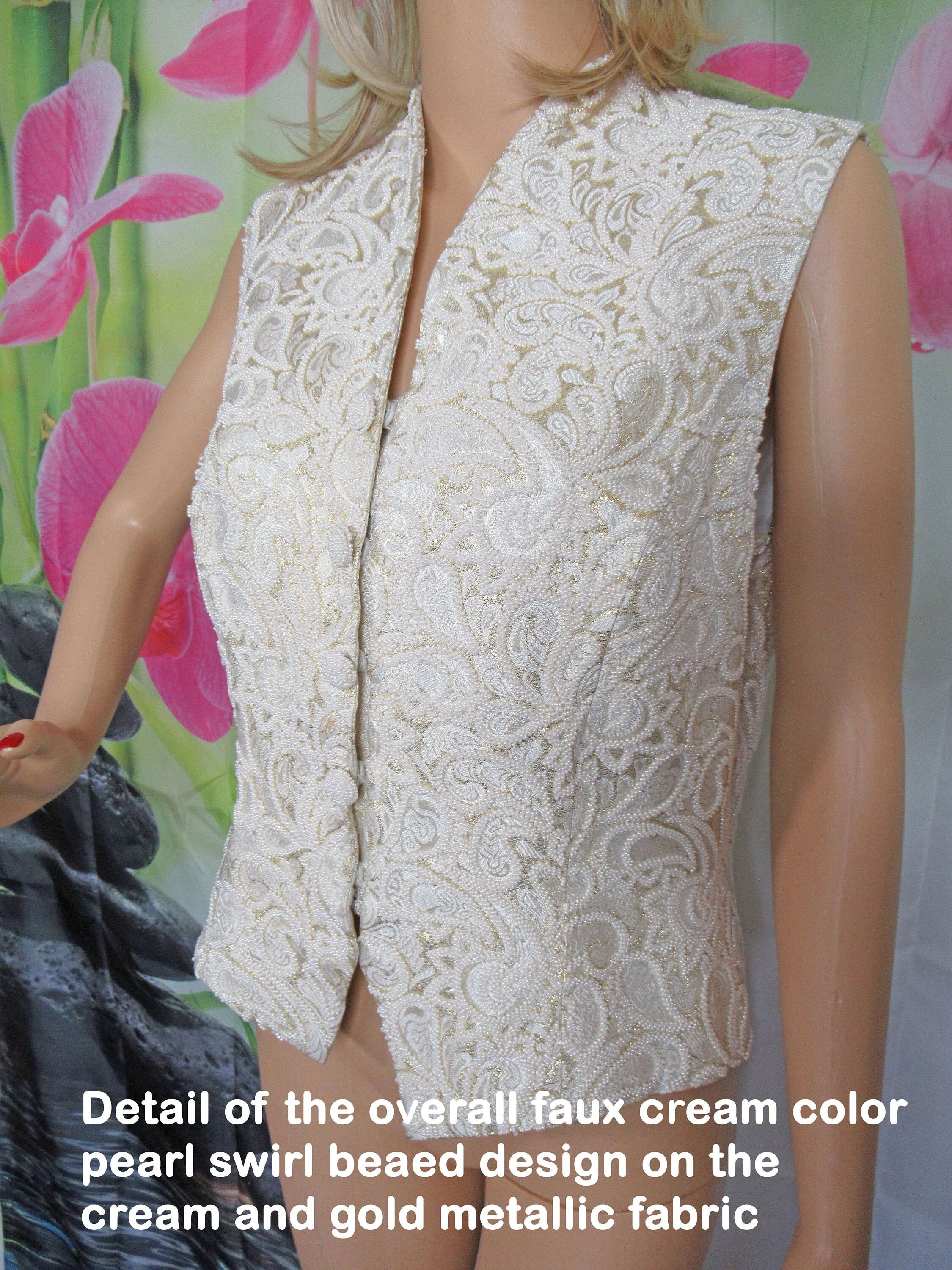 Vest Carmen Marc Valvo Fully Beaded Hidden Snap Front Cream Acetate and Gold Metallic Rayon 80s Beaded Faux Front Buttons by Carmen Marc - Image 3