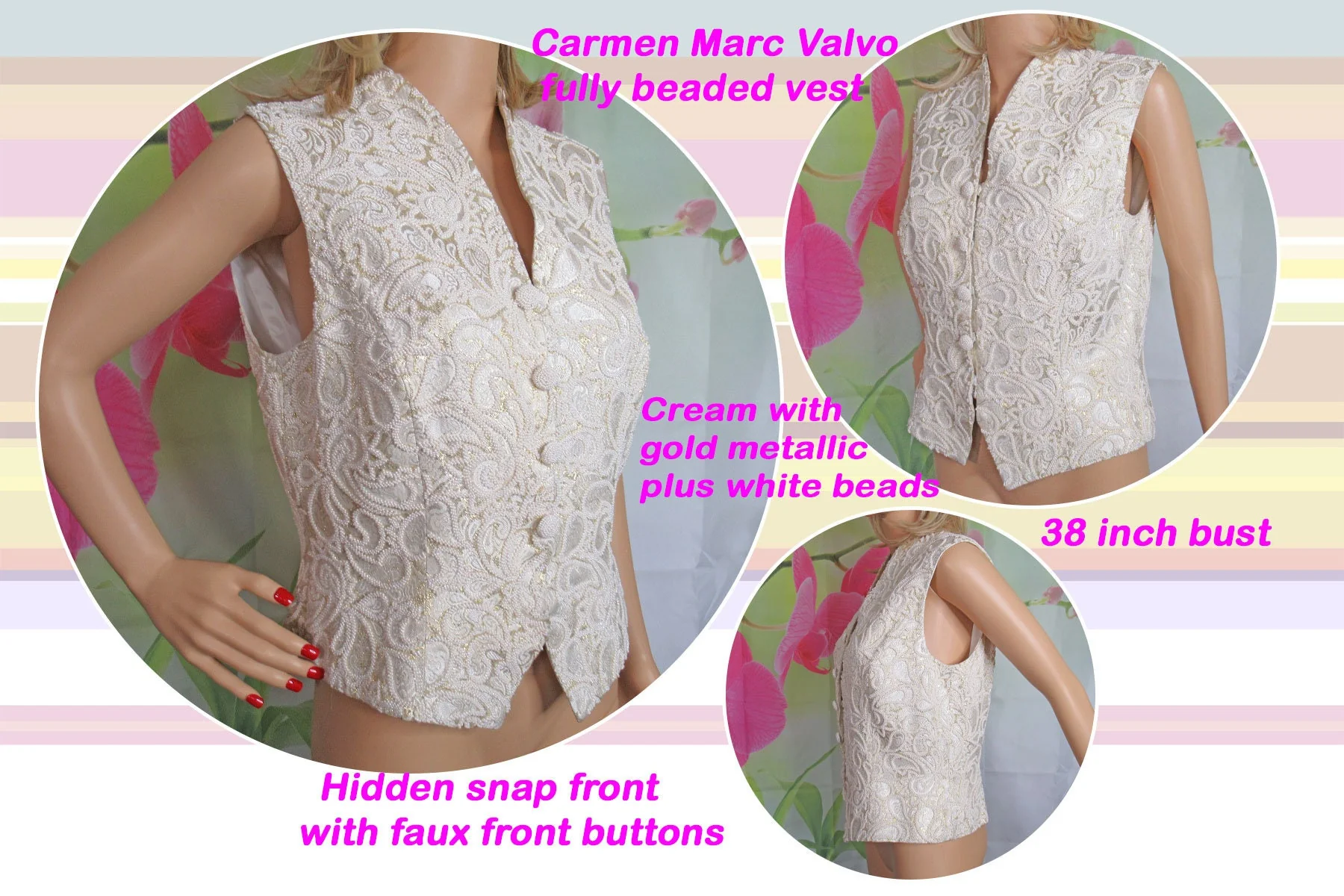 Vest Carmen Marc Valvo Fully Beaded Hidden Snap Front Cream Acetate and Gold Metallic Rayon 80s Beaded Faux Front Buttons by Carmen Marc - Image 4