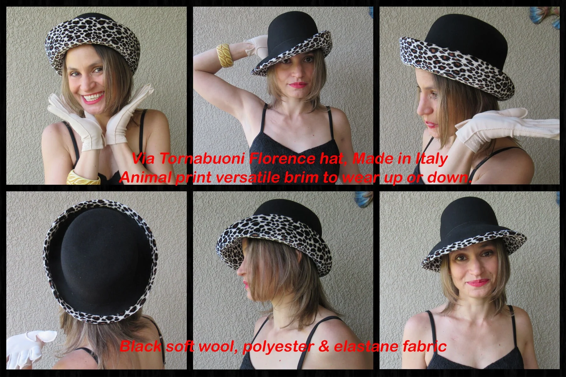Via Tornabuoni Florence Hat Animal Print Brim Up Or Down Black Soft Wool Polyester and Elastane Fabric Easy To Wear Classic by Tornabuoni - Image 2