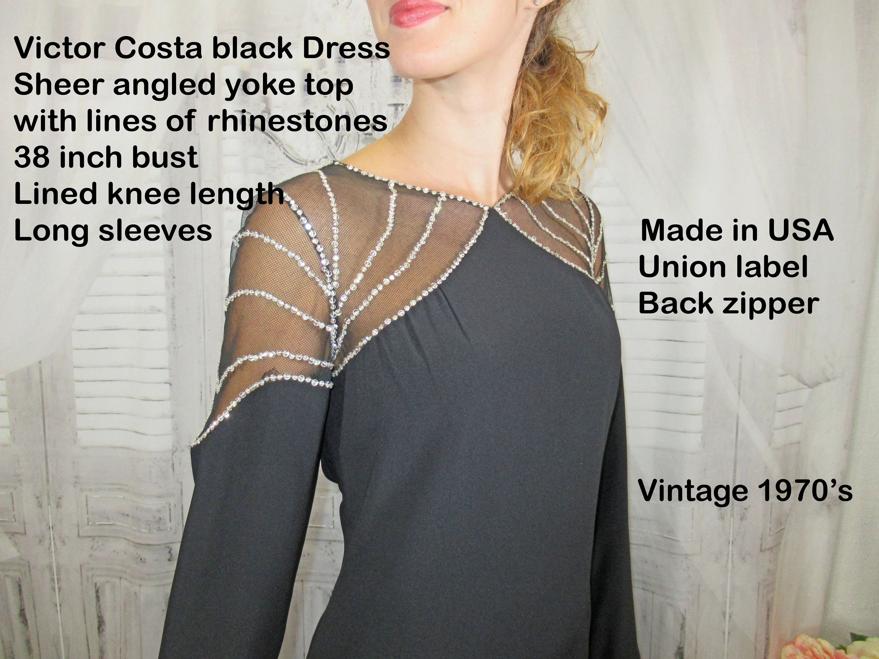 Victor Costa Dress Sheer Black Angled Top W Rhinestones Lined Knee Length Long Sleeves Union Label Back Zipper by Victor Costa - Image 4