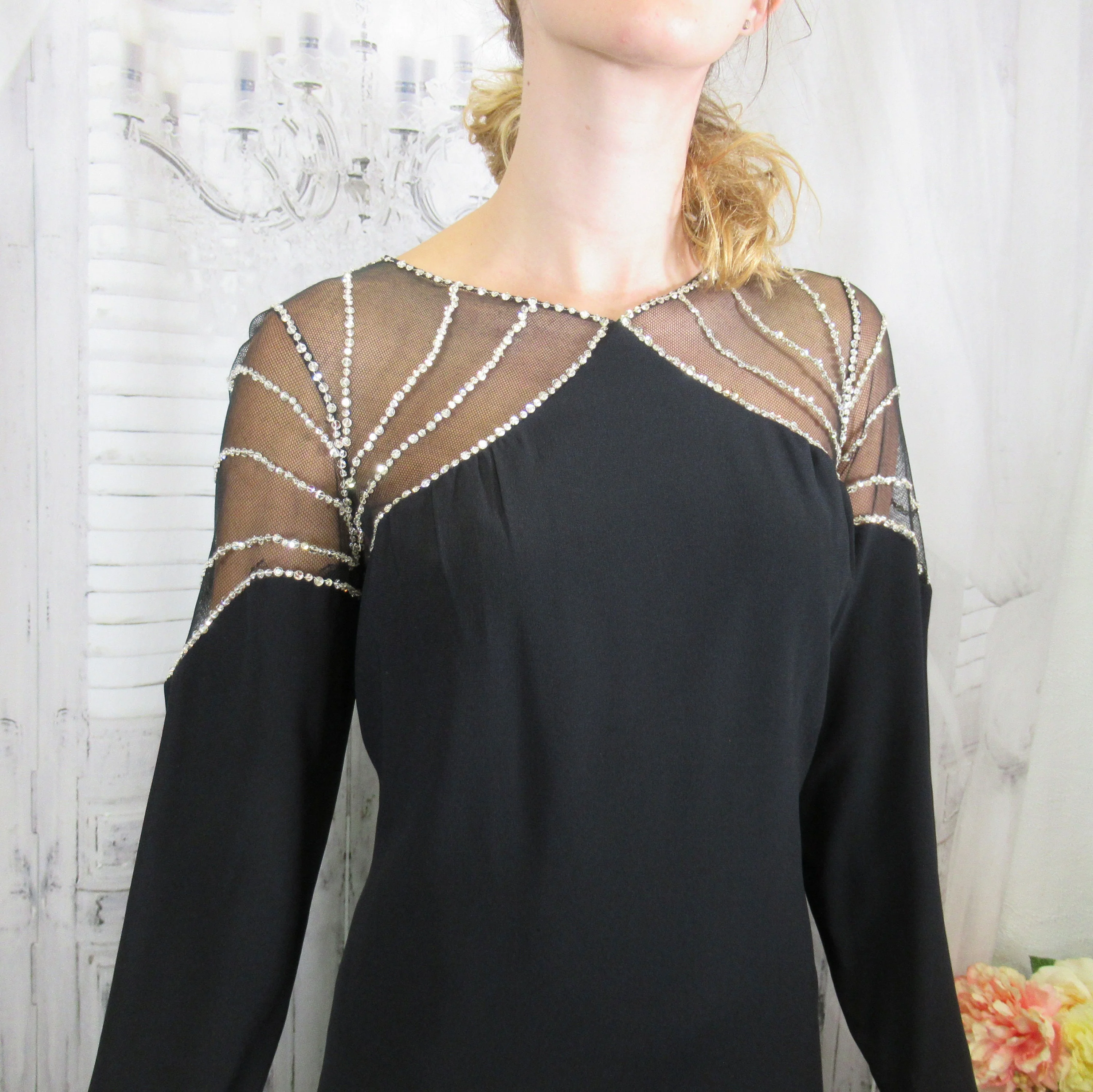 Victor Costa Dress Sheer Black Angled Top W Rhinestones Lined Knee Length Long Sleeves Union Label Back Zipper by Victor Costa - Image 9