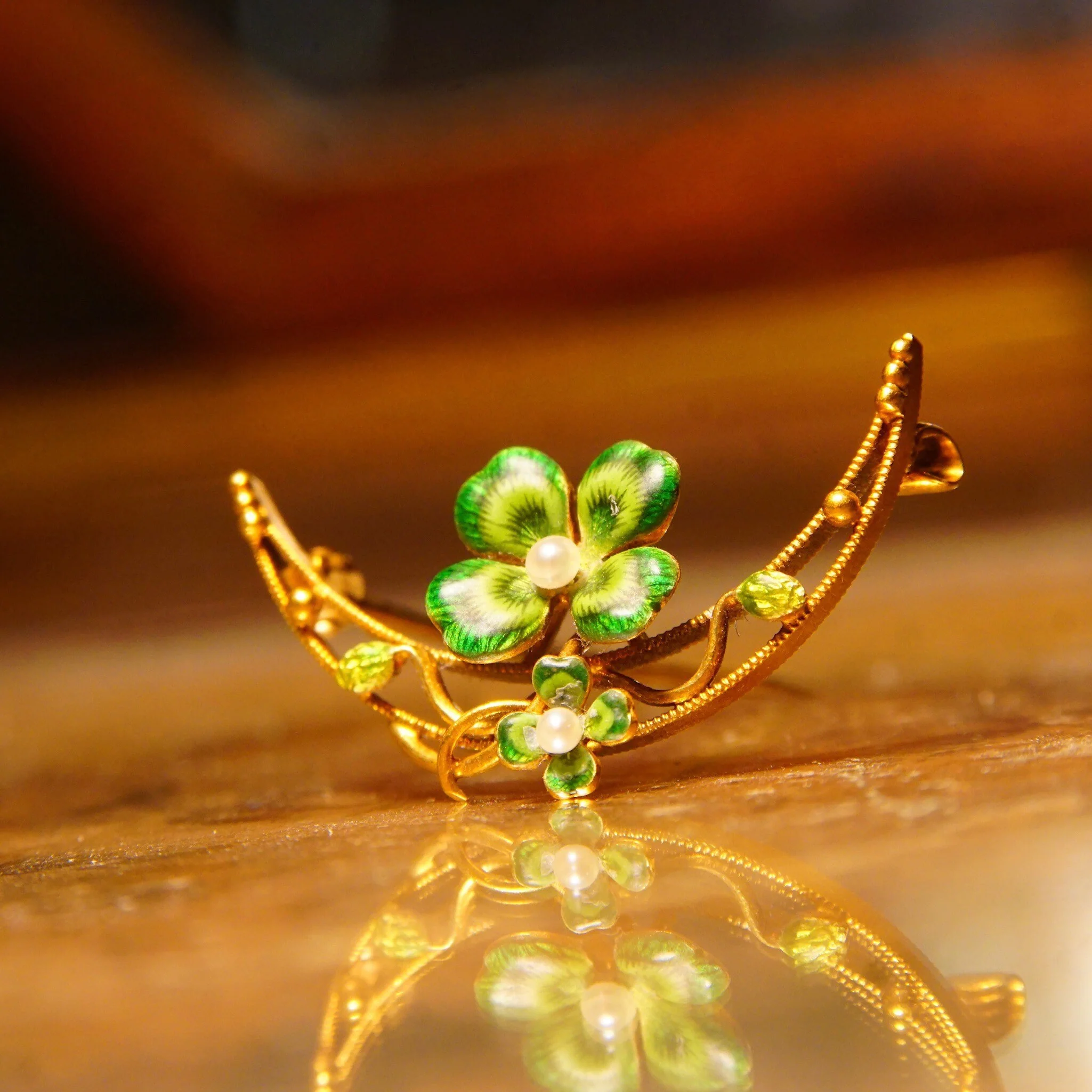 Victorian 14k Gold Enamel Seed Pearl Flower Crescent Pin - Image 3