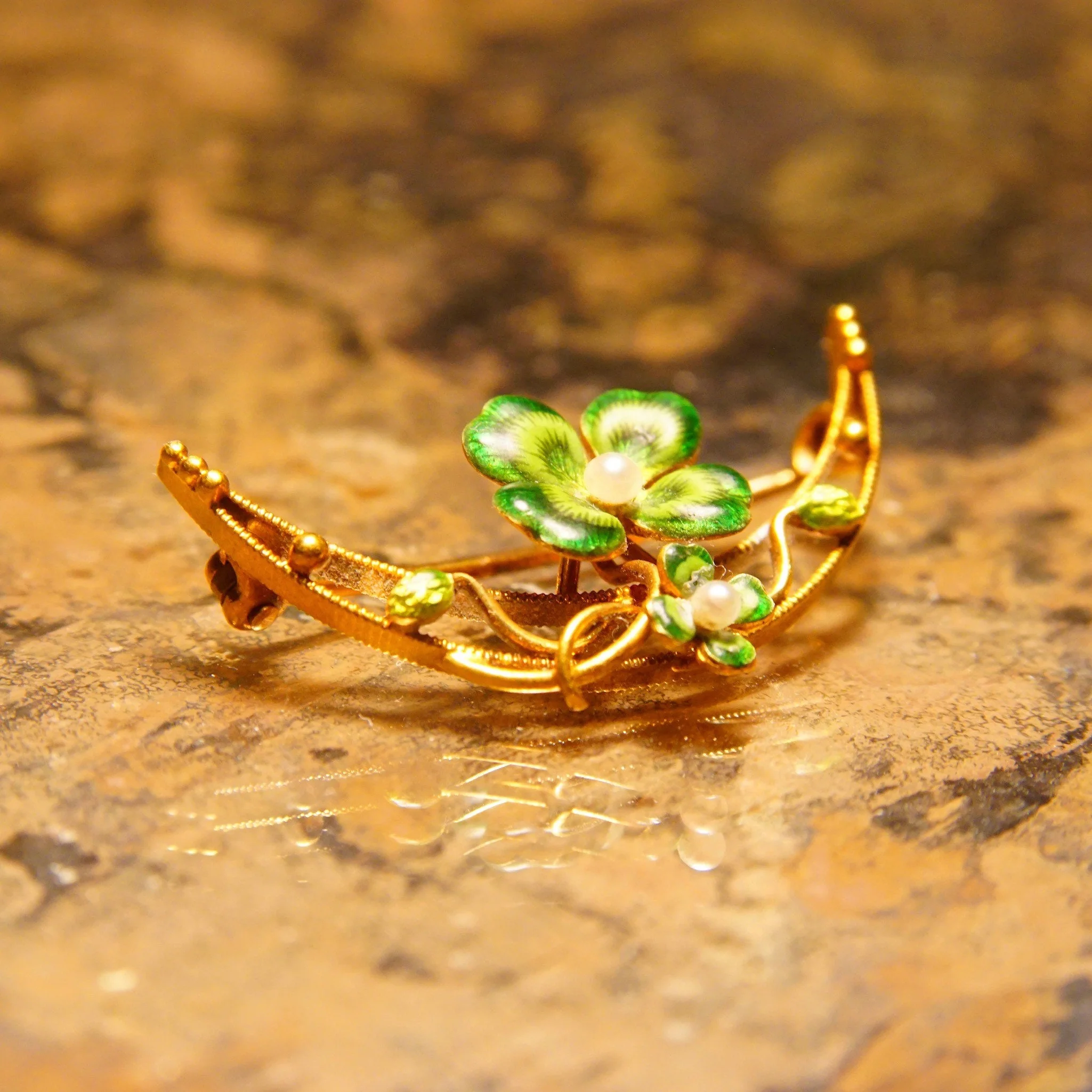 Victorian 14k Gold Enamel Seed Pearl Flower Crescent Pin - Image 4