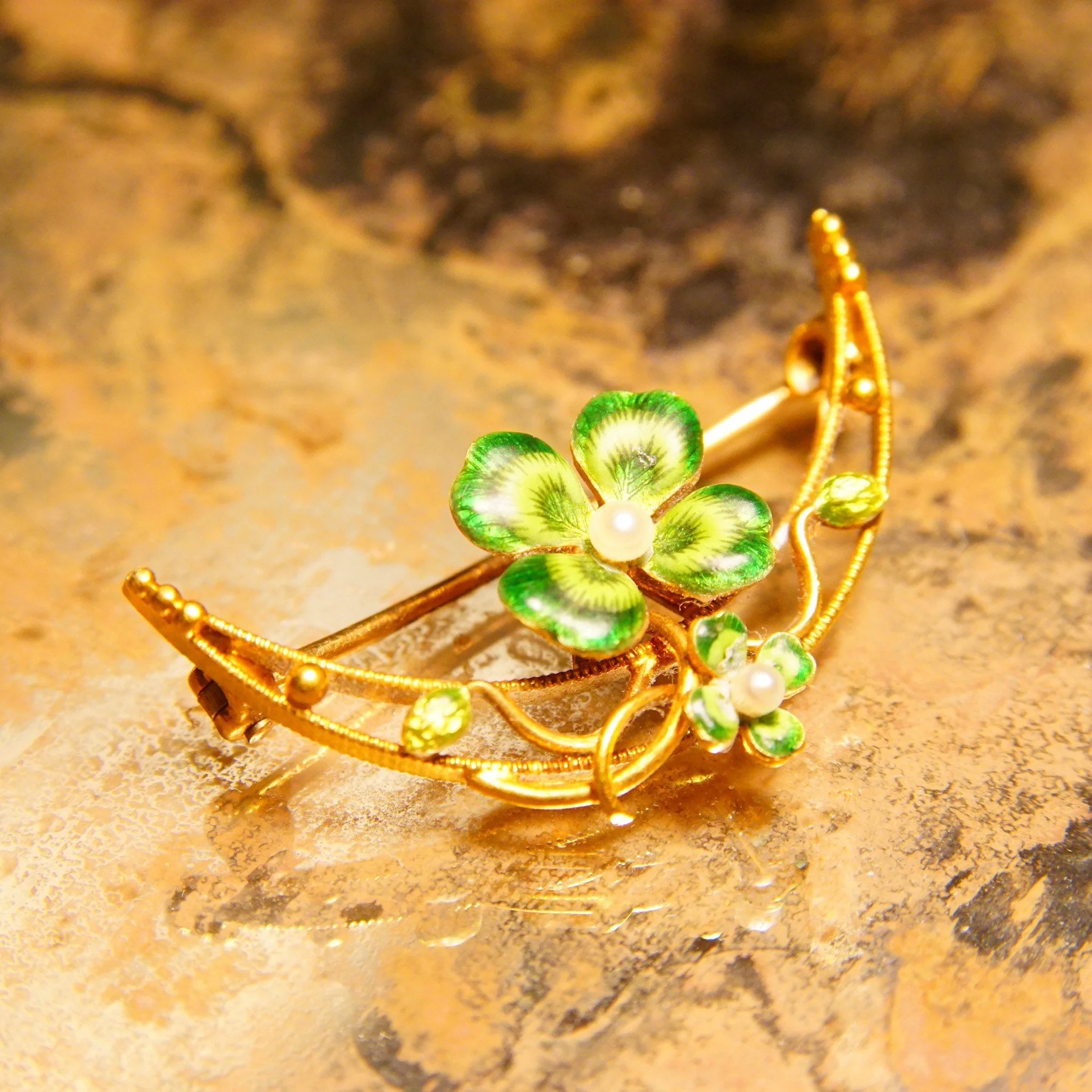 Victorian 14k Gold Enamel Seed Pearl Flower Crescent Pin - Image 5