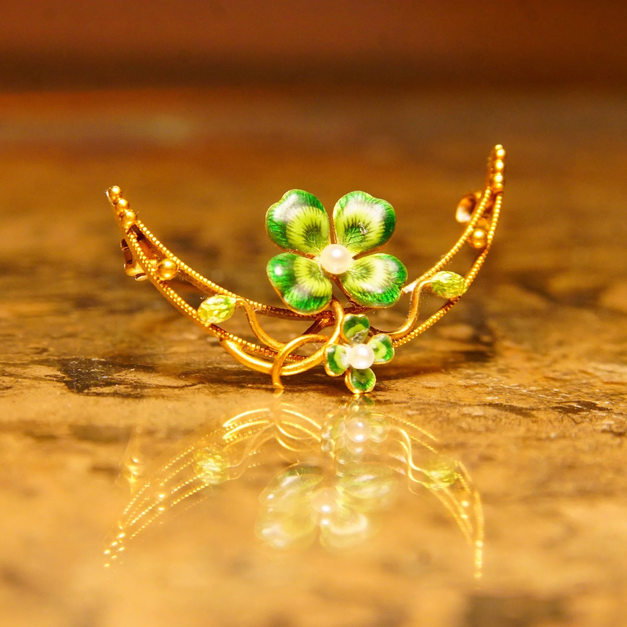 Victorian 14k Gold Enamel Seed Pearl Flower Crescent Pin - Image 7
