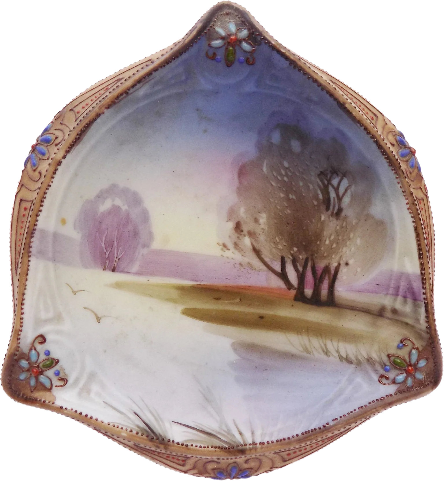 Victorian 1910 Triangular Art Nouveau Nippon Dish Tray Hand Painted Modern Raised Embellishments
