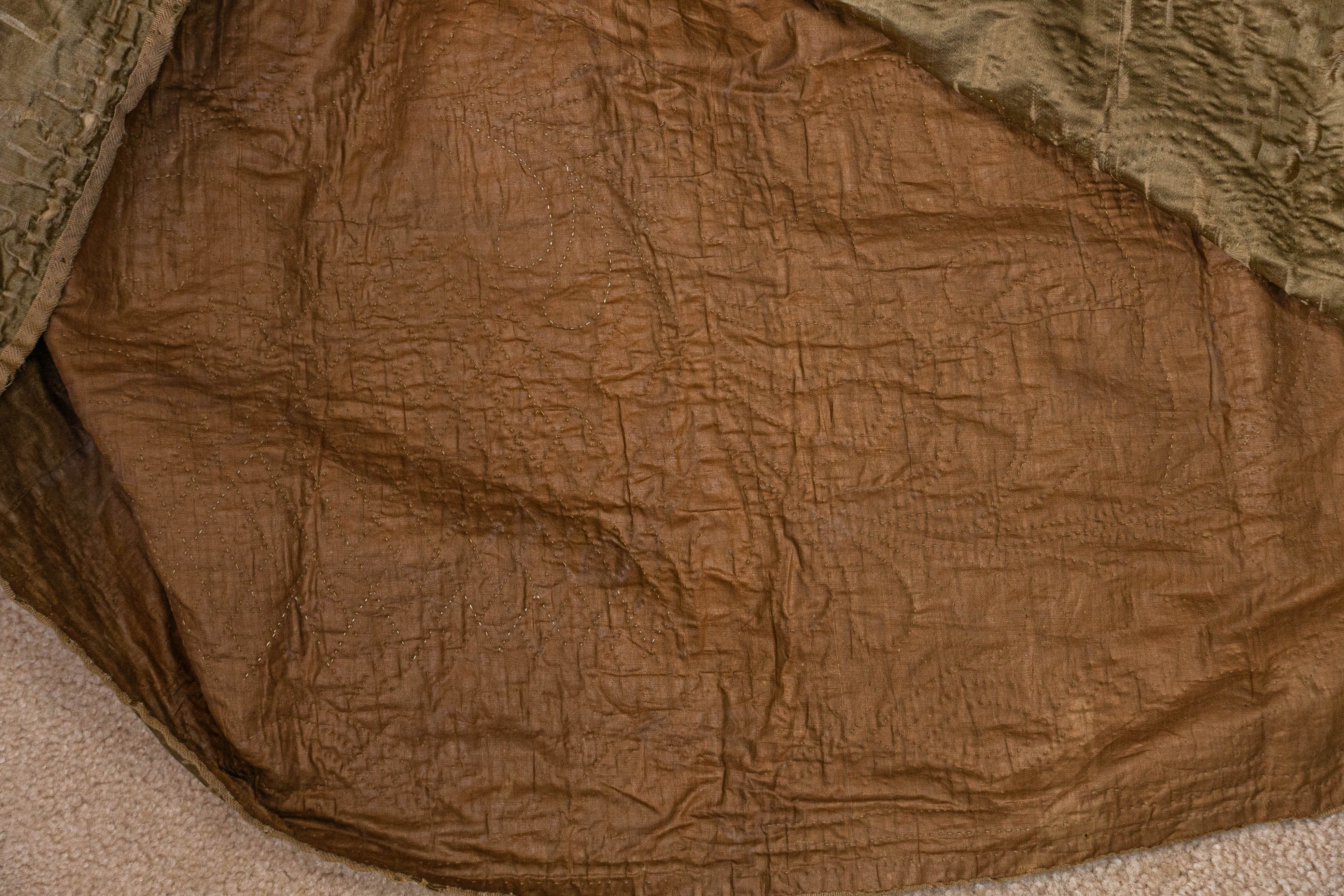 Victorian Antique Hand Quilted Green Silk Petticoat As-is By 1840s-1850s - Image 10
