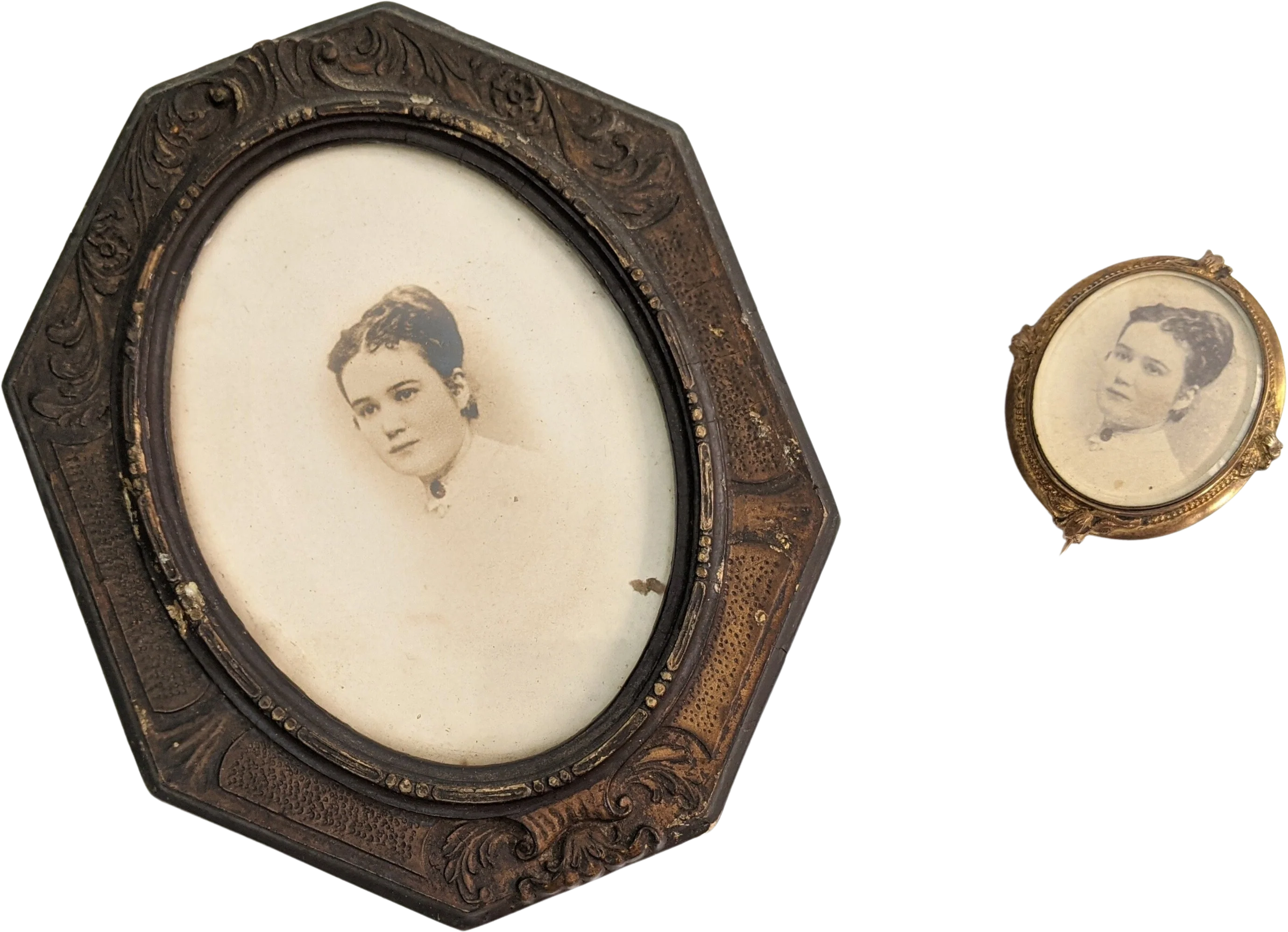 Victorian Brooch Matching Framed Photo of Woman Antique Photograph Sentimental Jewelry