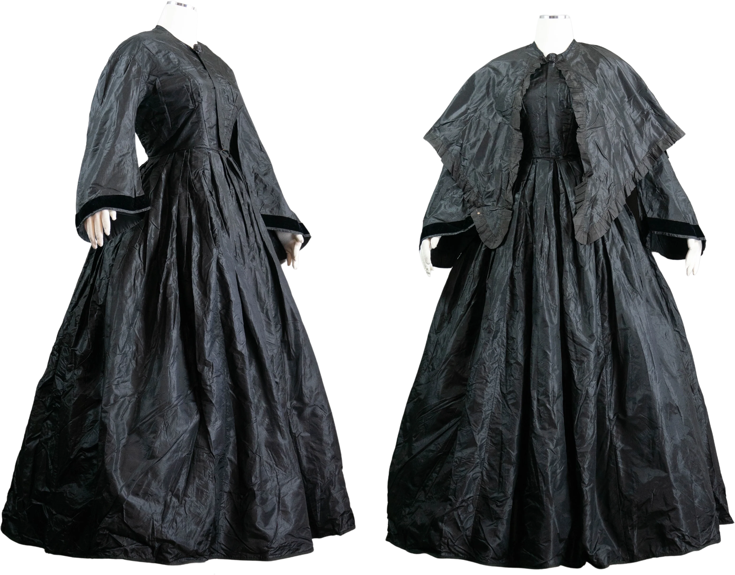 Victorian Dark Romantic Black Silk Mourning Dress With Cape By 1850s