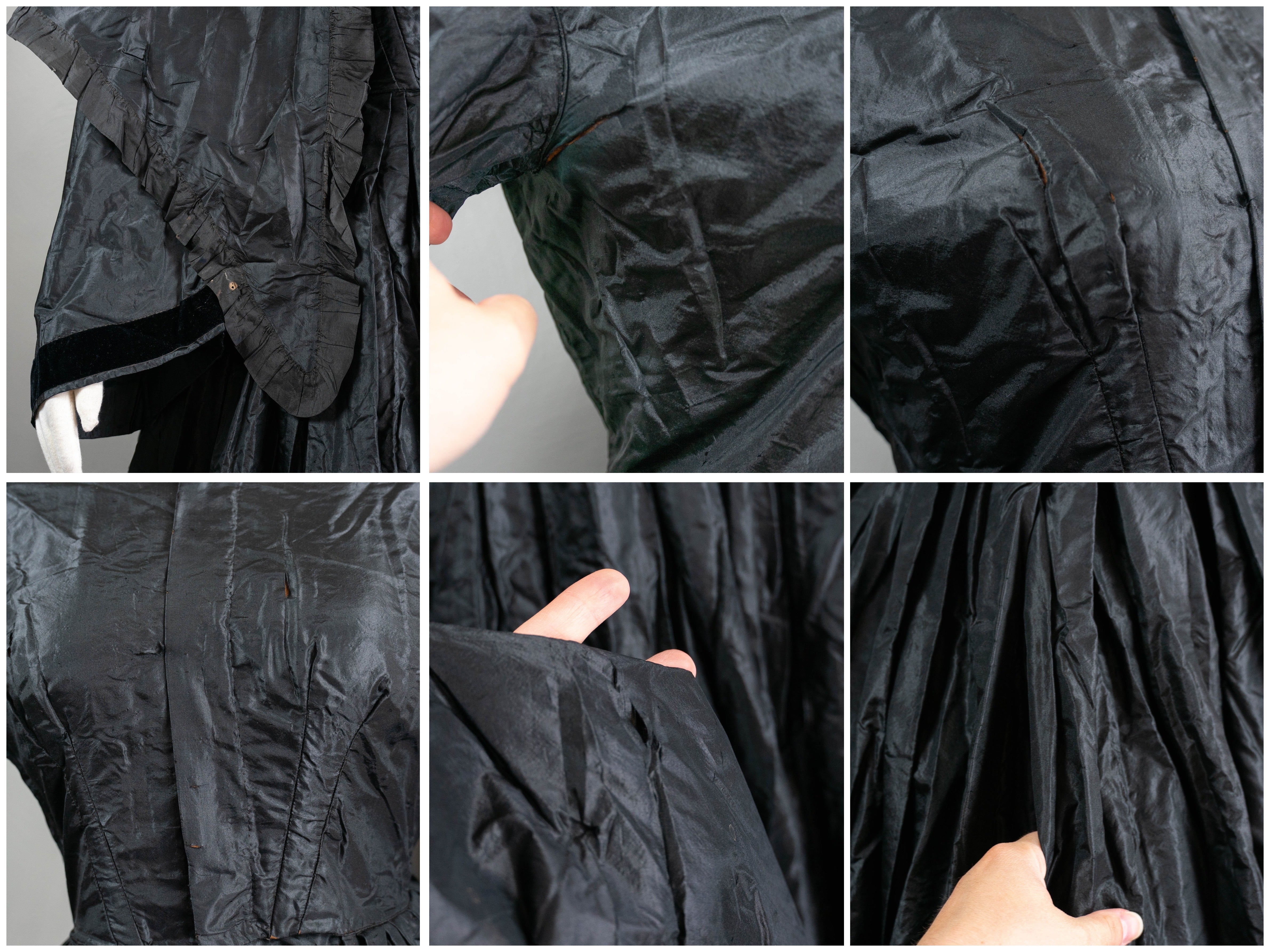 Victorian Dark Romantic Black Silk Mourning Dress With Cape By 1850s - Image 12