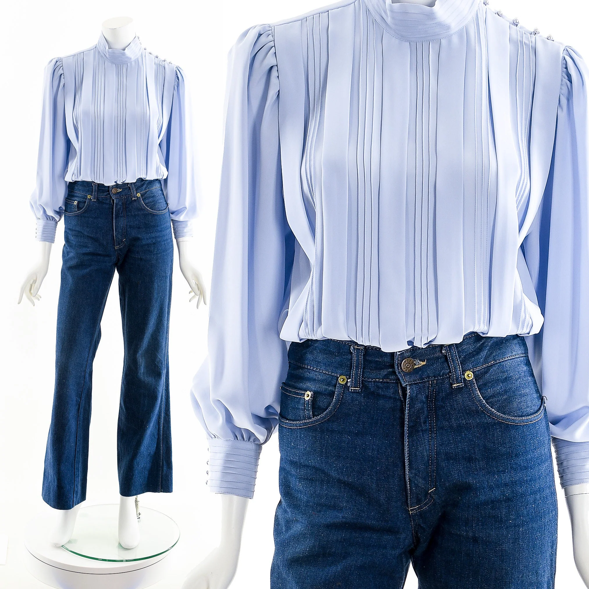 Victorian Regency Inspired Pleated Blouse High Neck Balloon Sleeve Top - Image 3