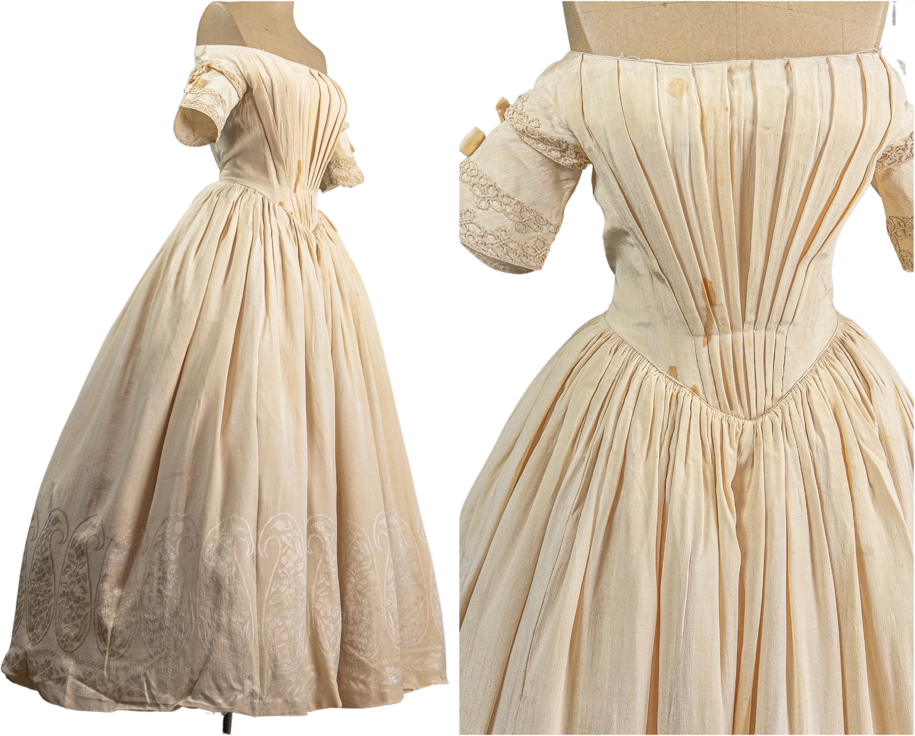 Victorian Stunning Cream Silk Ball Gown Romantic Era By 1840s