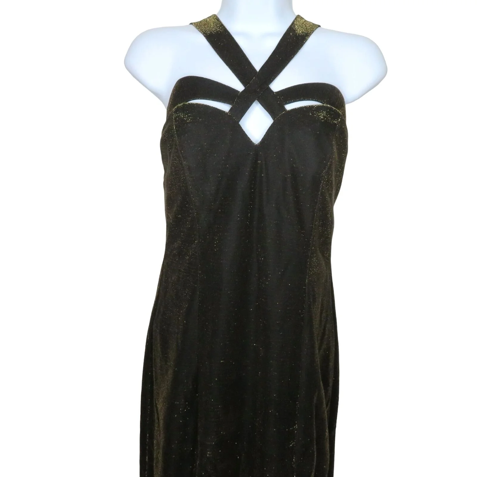 Vijack Bodycon Maxi Dress S Black Gold Metallic Evening Gown by Susan Roselli - Image 3