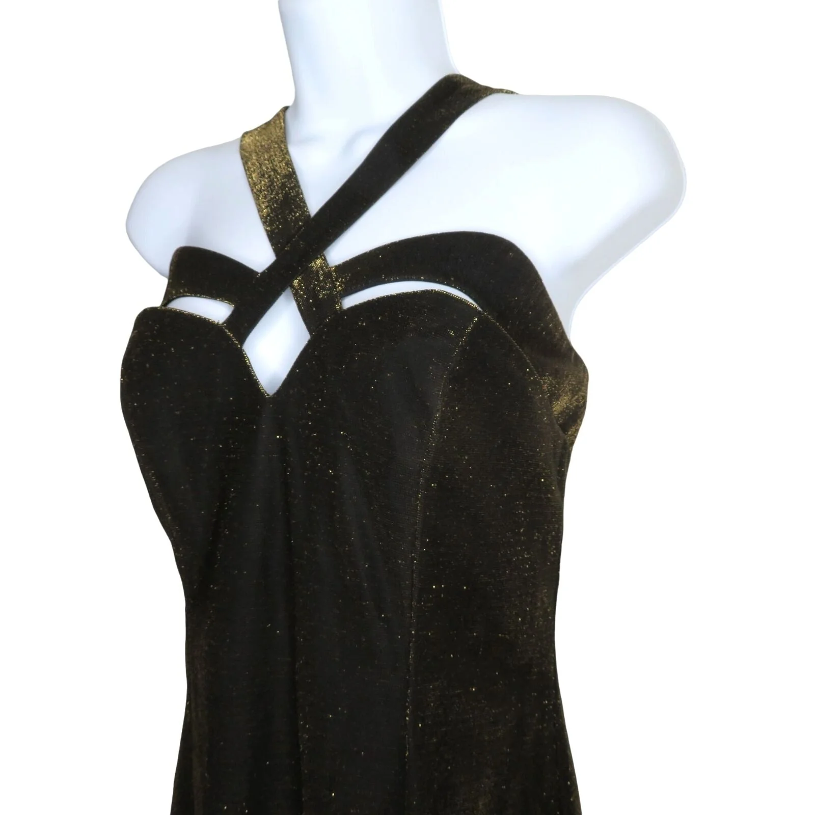 Vijack Bodycon Maxi Dress S Black Gold Metallic Evening Gown by Susan Roselli - Image 6