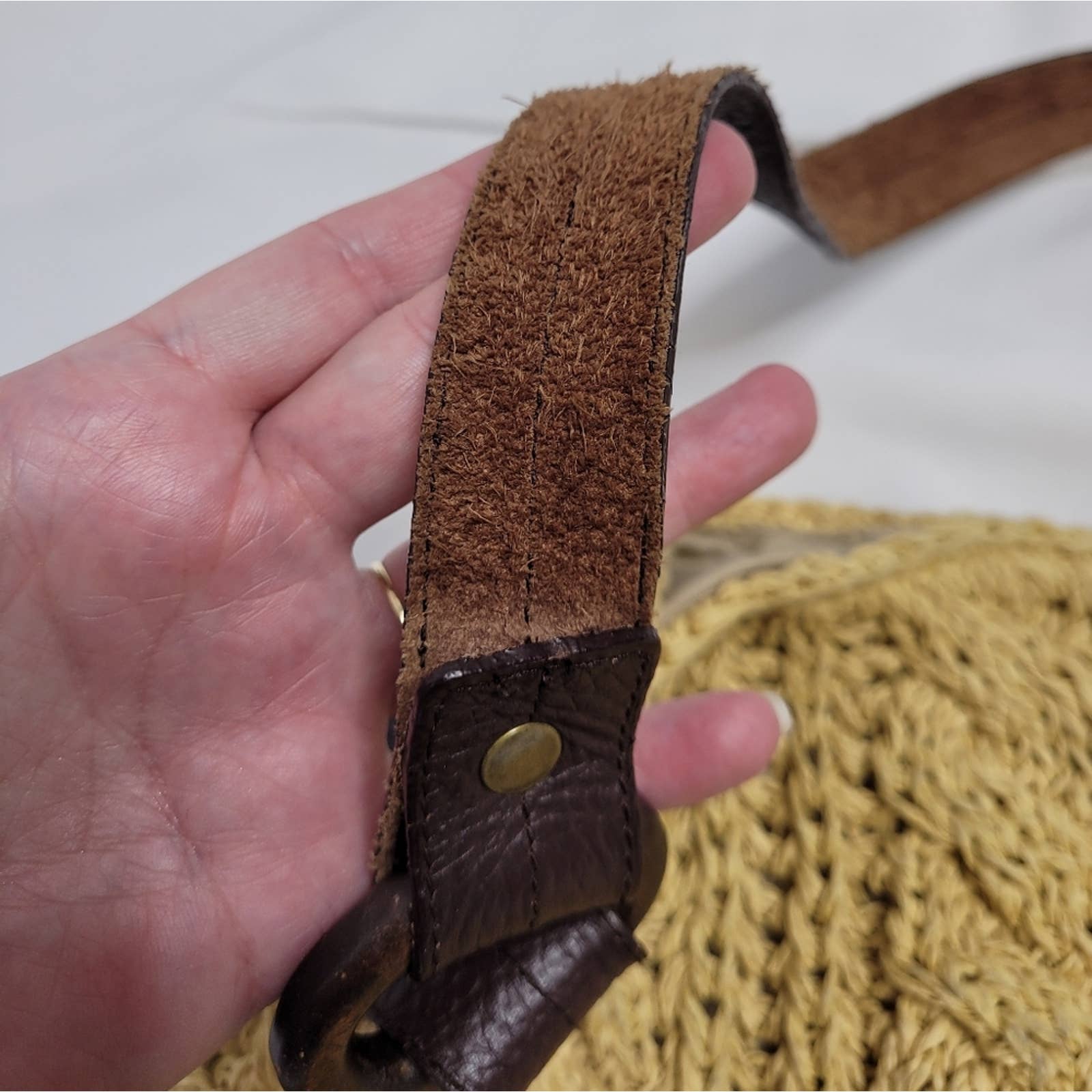Vintage 00s Cable Knit Straw Bag Leather Strap Tan Shoulder Purse by GAP - Image 3