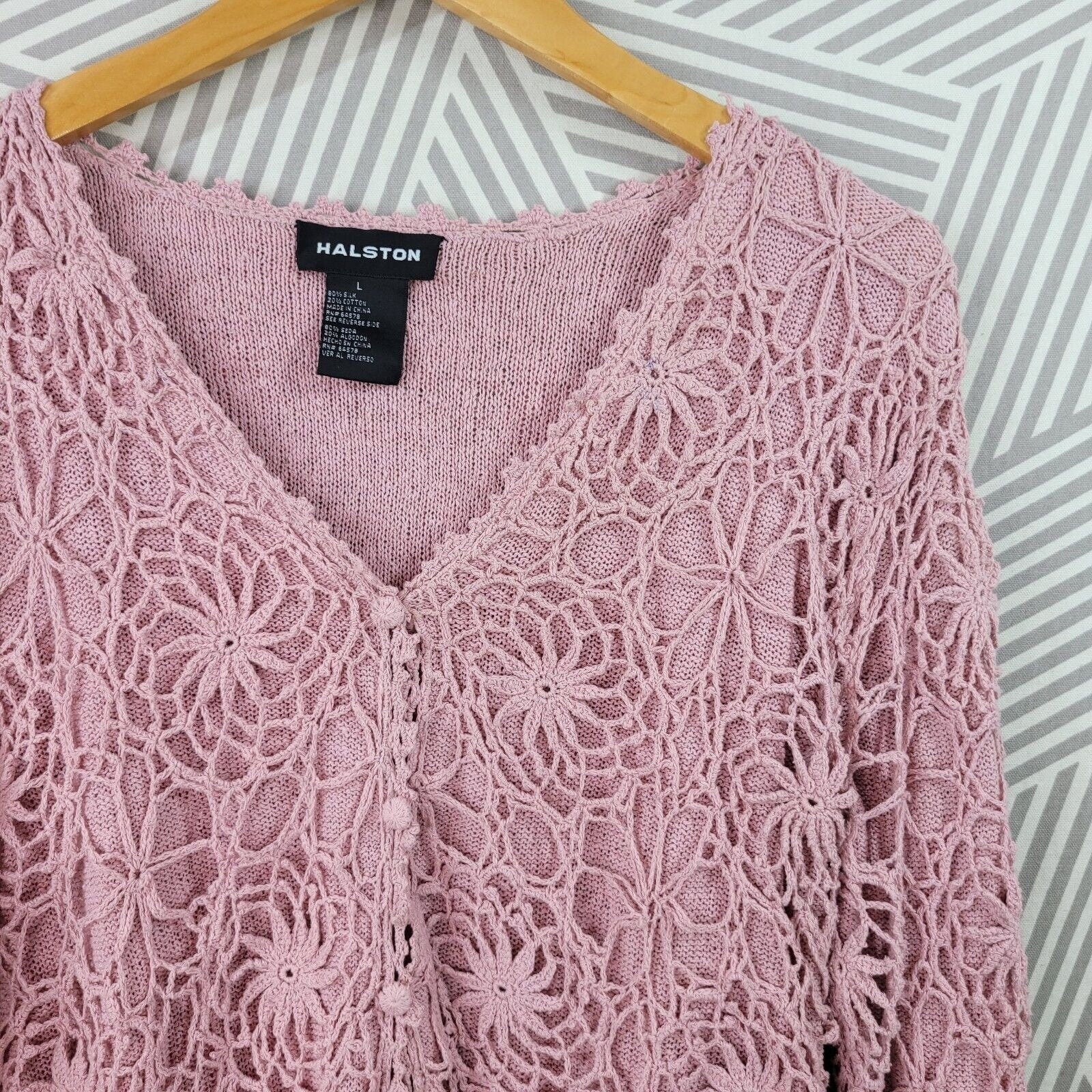 Vintage 00s Cardigan Sweater Size Large Button Up Pink Crochet Knit by Halston - Image 3