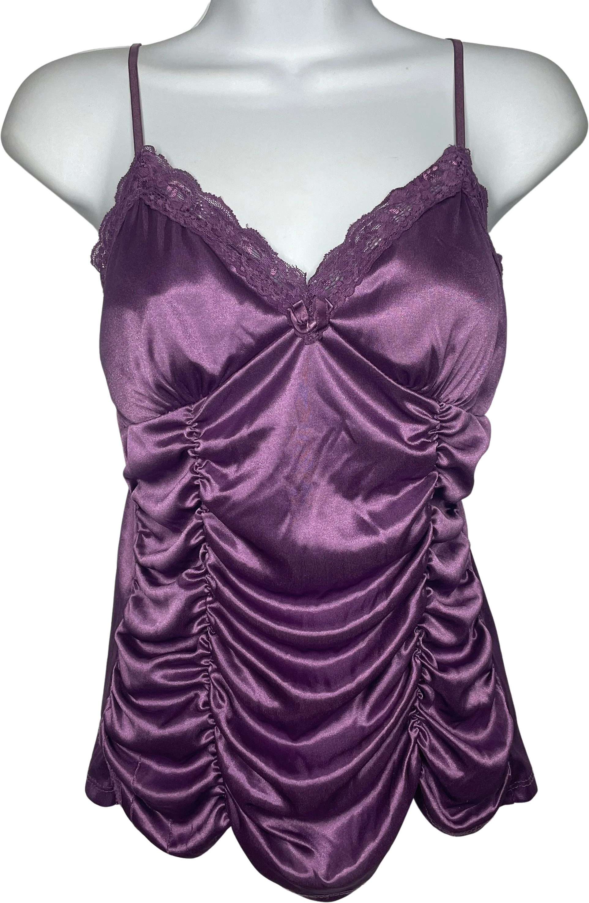 Vintage 00s Goth Purple Liquid Satin Lace Coffin Draped Camisole Cami Top Size L