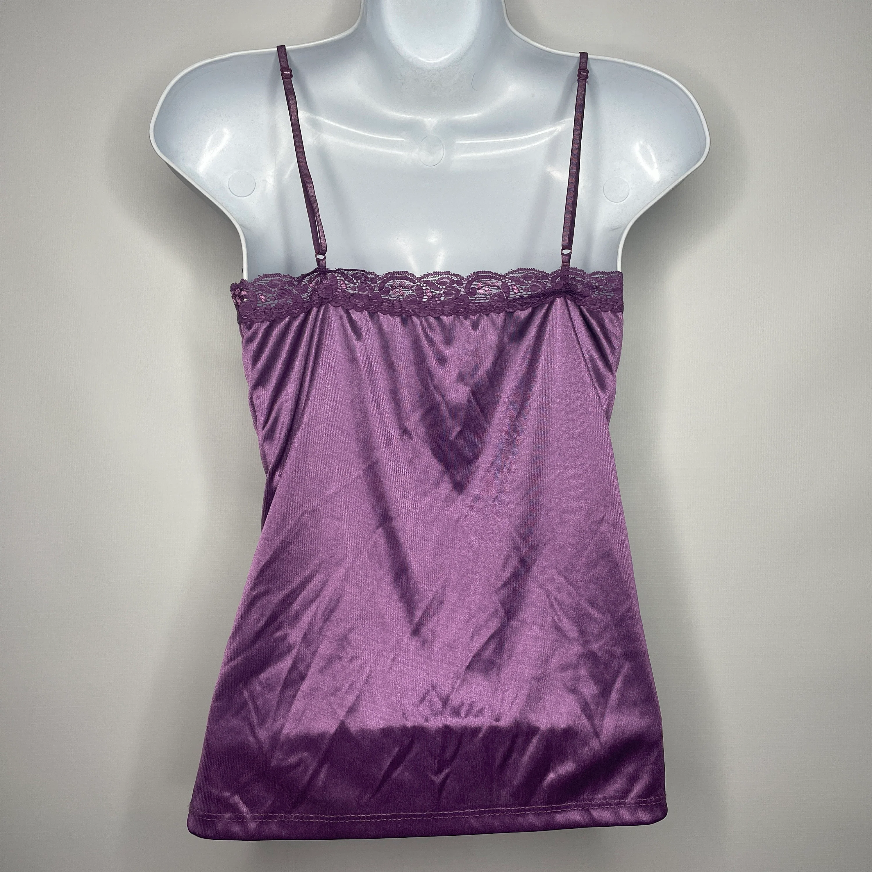 Vintage 00s Goth Purple Liquid Satin Lace Coffin Draped Camisole Cami Top Size L - Image 2