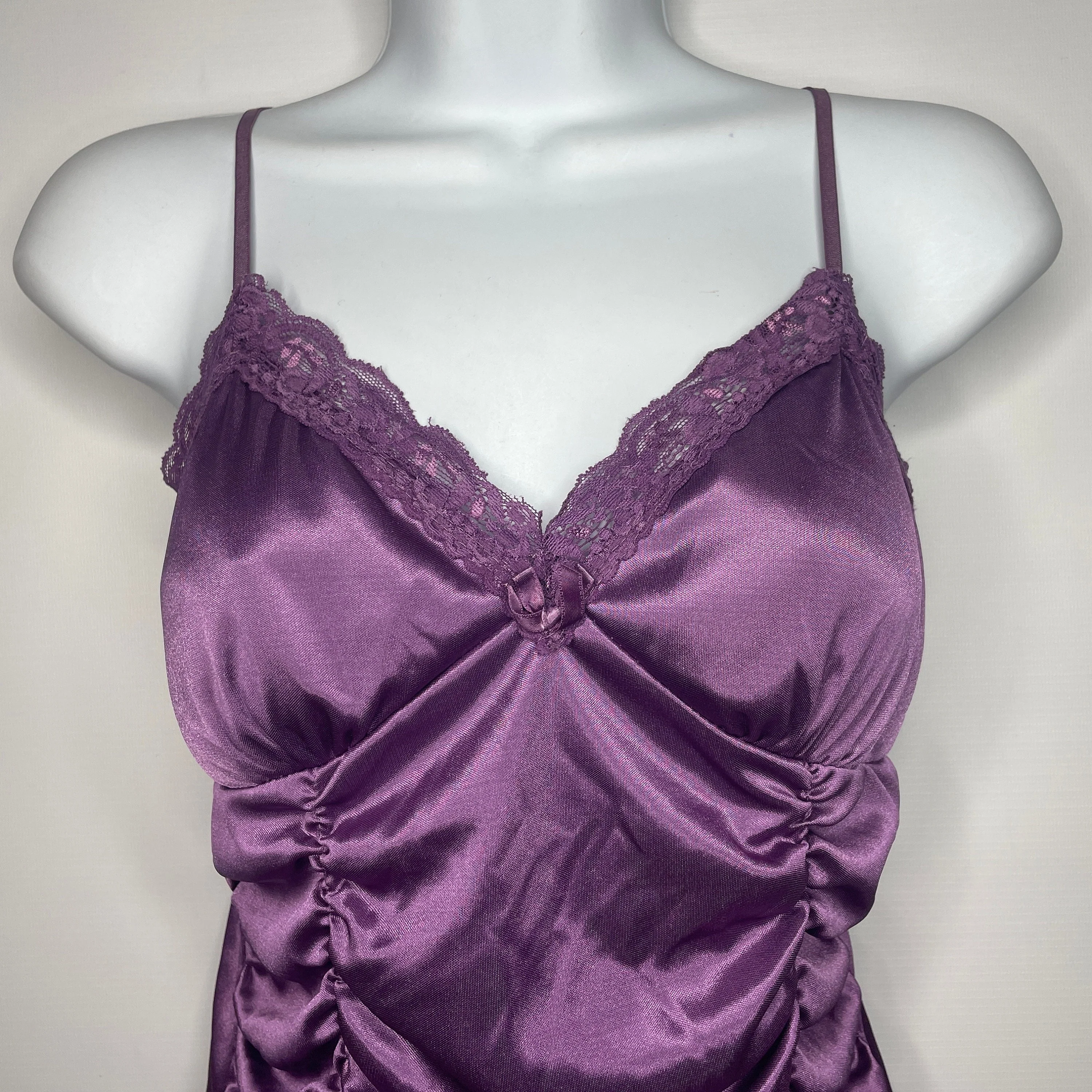 Vintage 00s Goth Purple Liquid Satin Lace Coffin Draped Camisole Cami Top Size L - Image 3