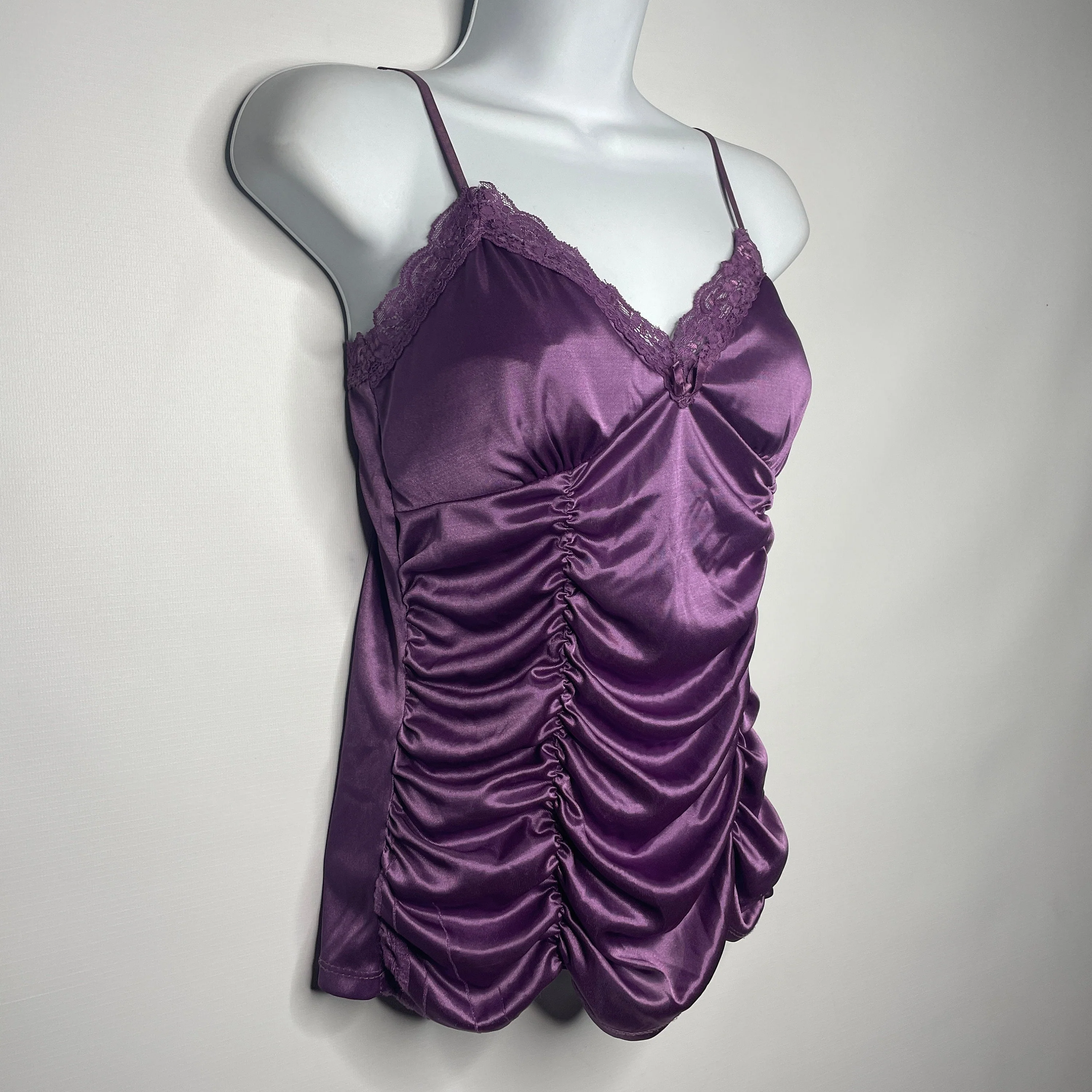 Vintage 00s Goth Purple Liquid Satin Lace Coffin Draped Camisole Cami Top Size L - Image 4