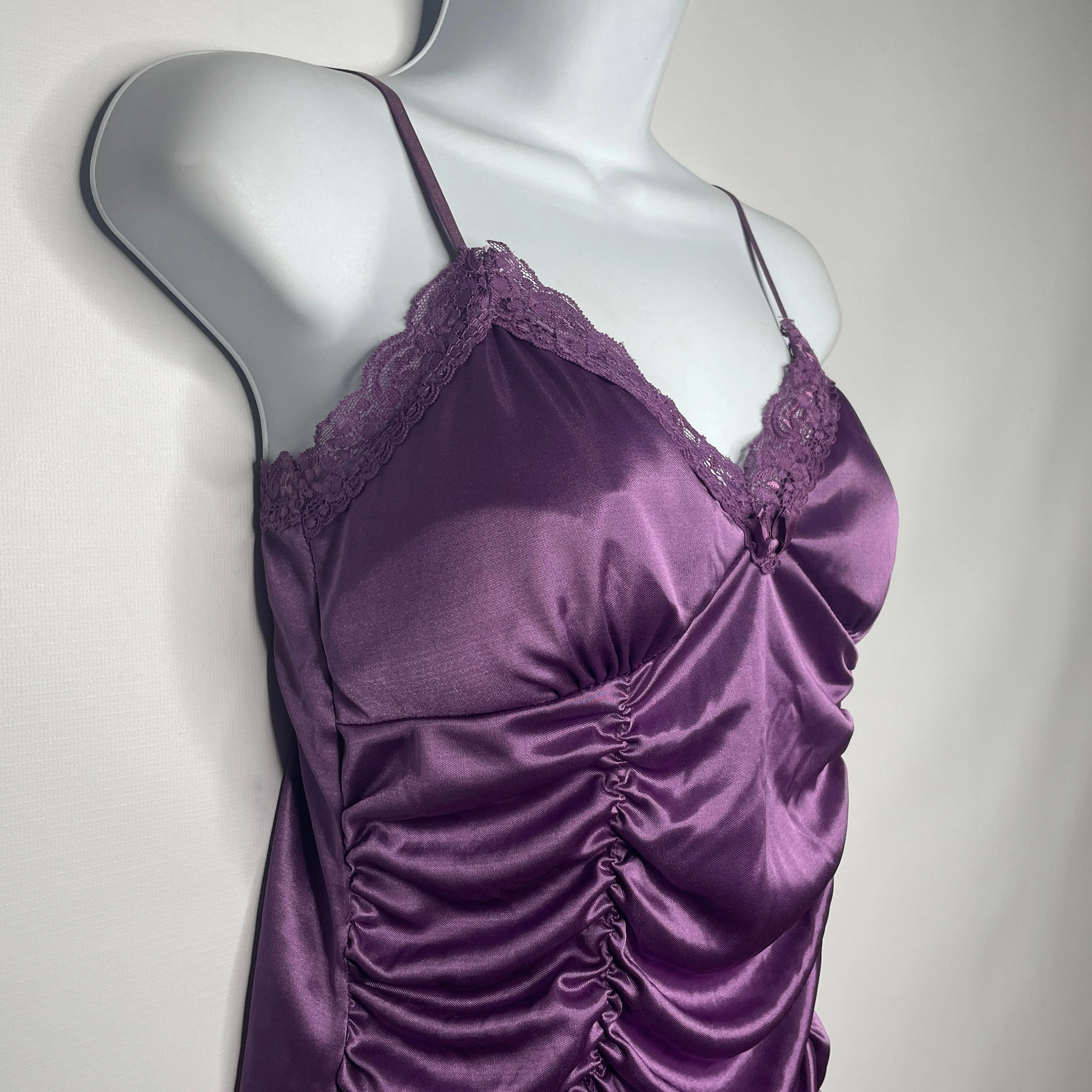 Vintage 00s Goth Purple Liquid Satin Lace Coffin Draped Camisole Cami Top Size L - Image 5