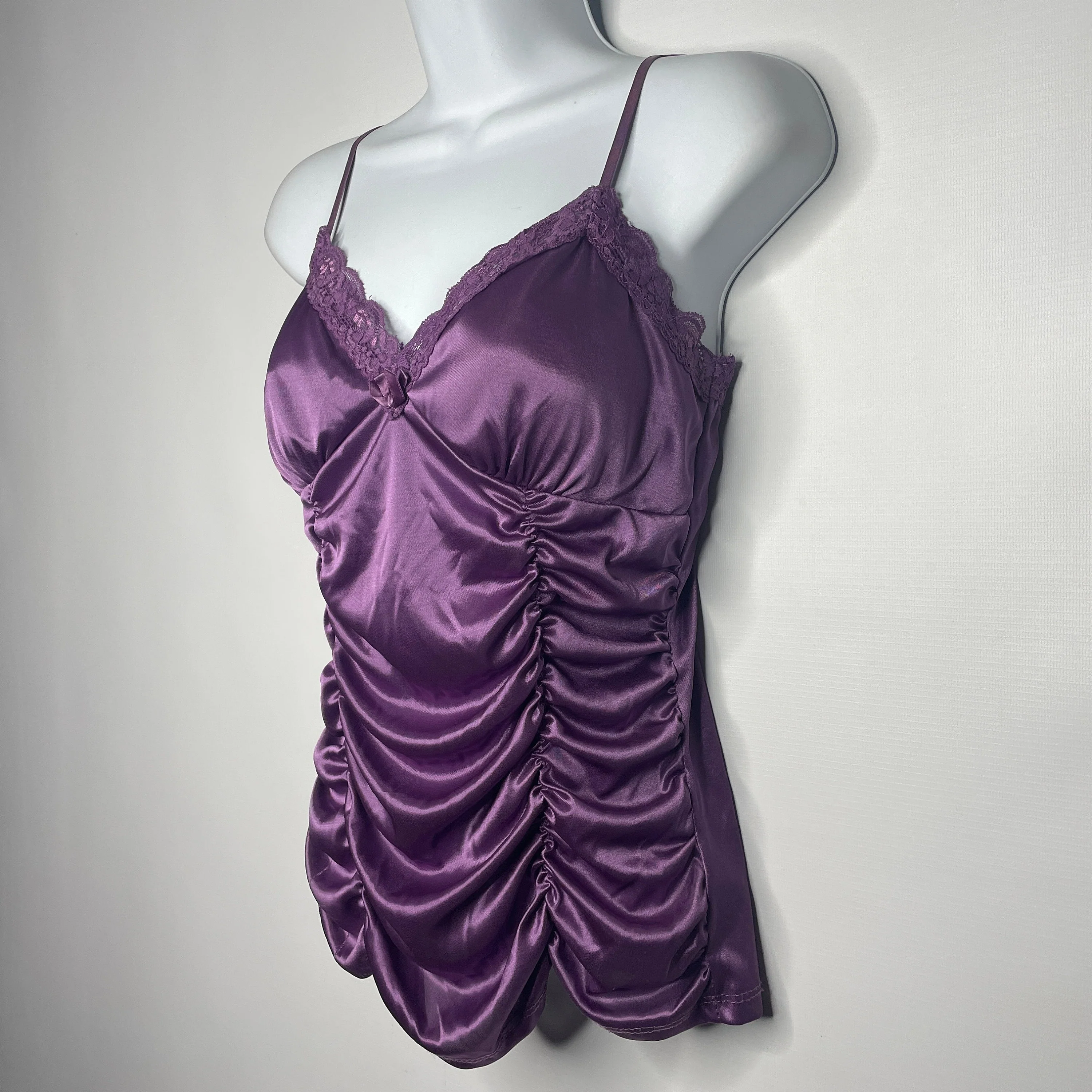 Vintage 00s Goth Purple Liquid Satin Lace Coffin Draped Camisole Cami Top Size L - Image 6
