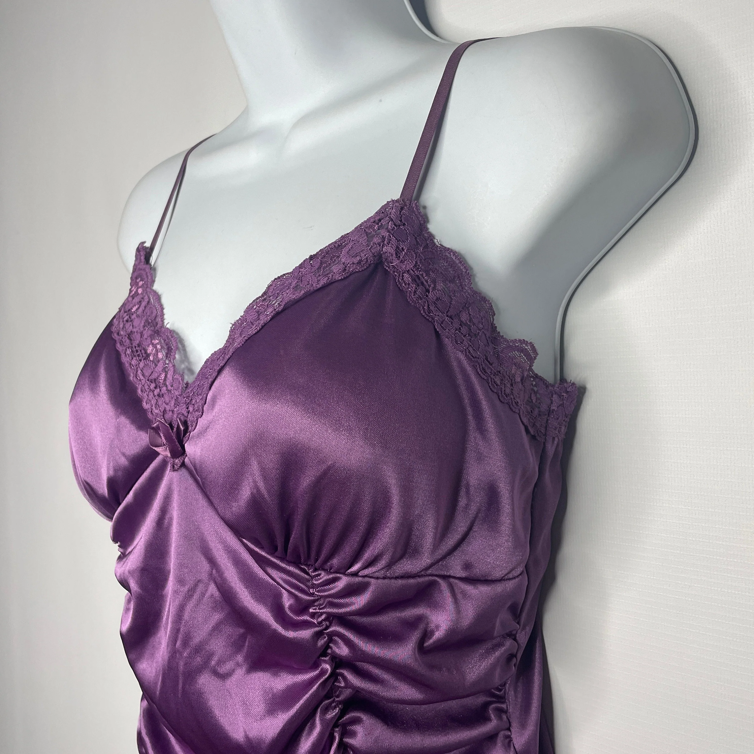 Vintage 00s Goth Purple Liquid Satin Lace Coffin Draped Camisole Cami Top Size L - Image 7