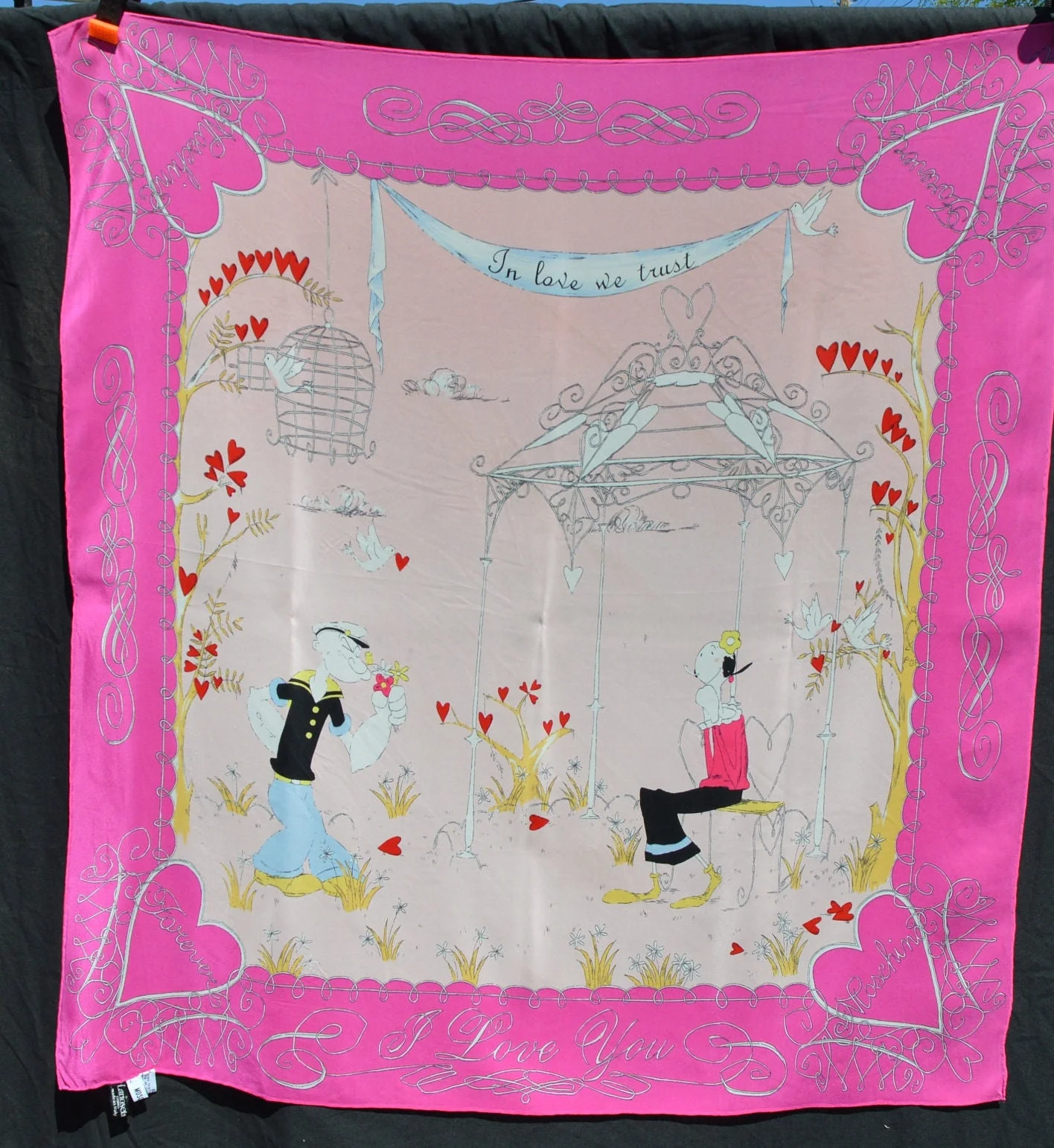 Vintage 00s In Love We Trust Popeye and Olive Oyl I Love You Silk Hand Rolled Scarf Scarves Wrap by Laroseta - Image 3