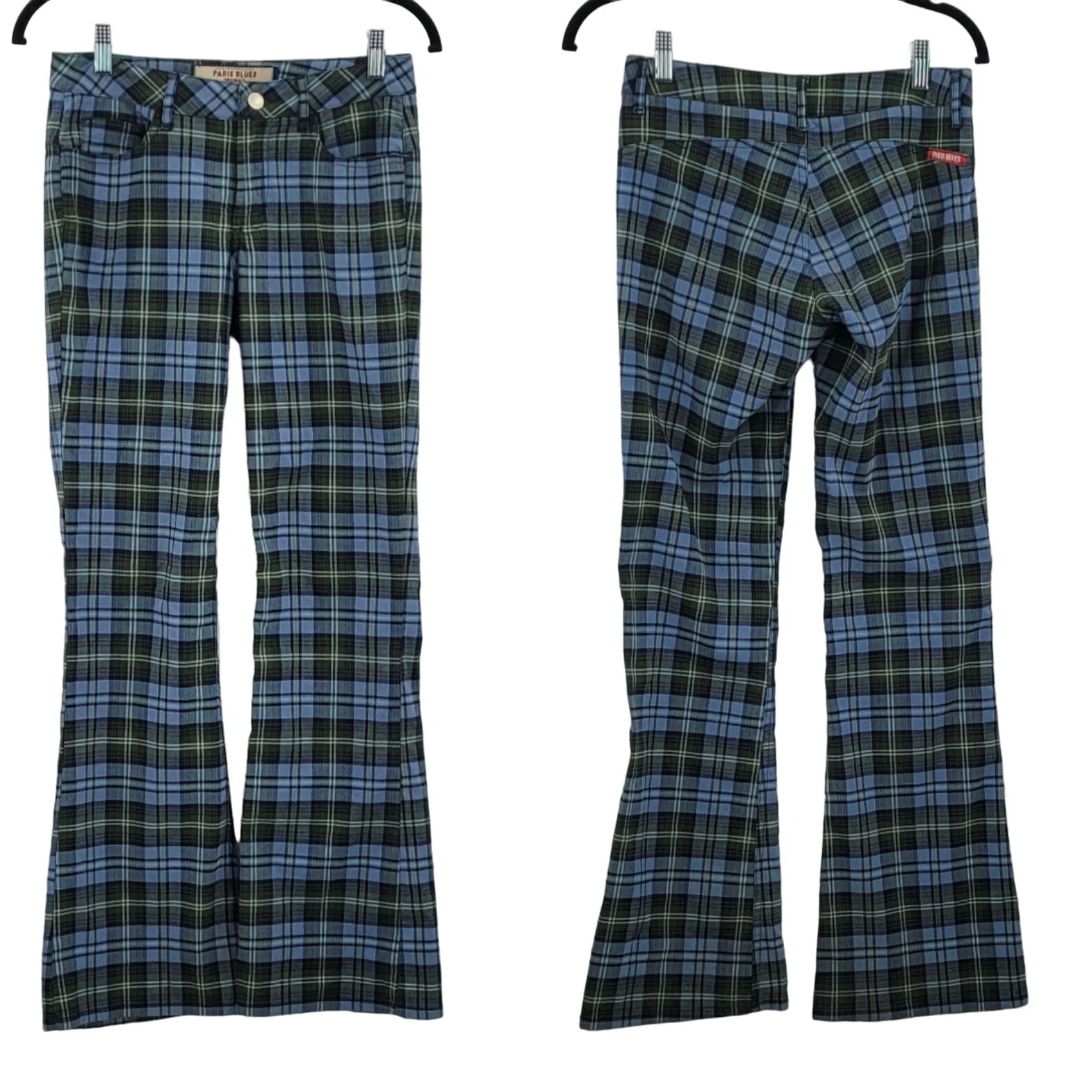 Vintage 00s Pants Plaid Lightweight Academia Stretch Flare Blue 4 by Paris Blues - Image 2