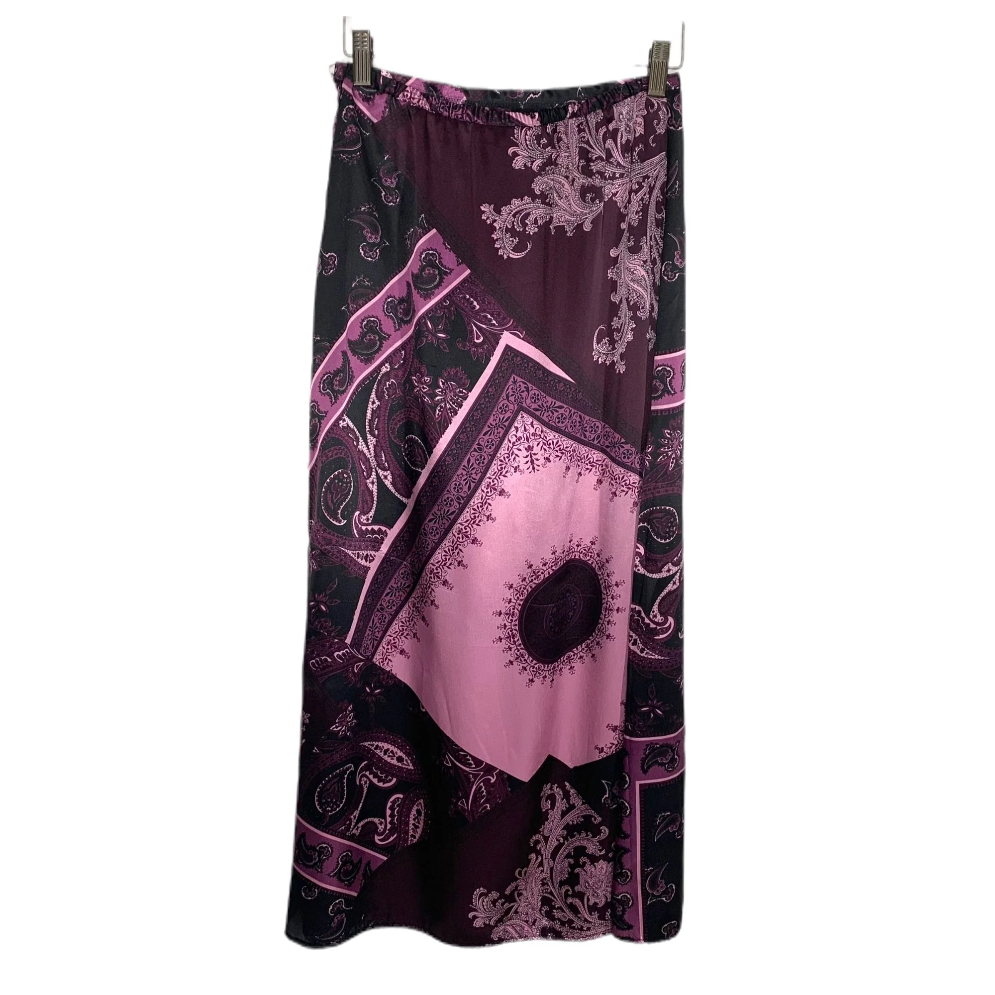 Vintage 00s Purple Satin Paisley Handkerchief Midi Straight Skirt Small by Kathie Lee - Image 2