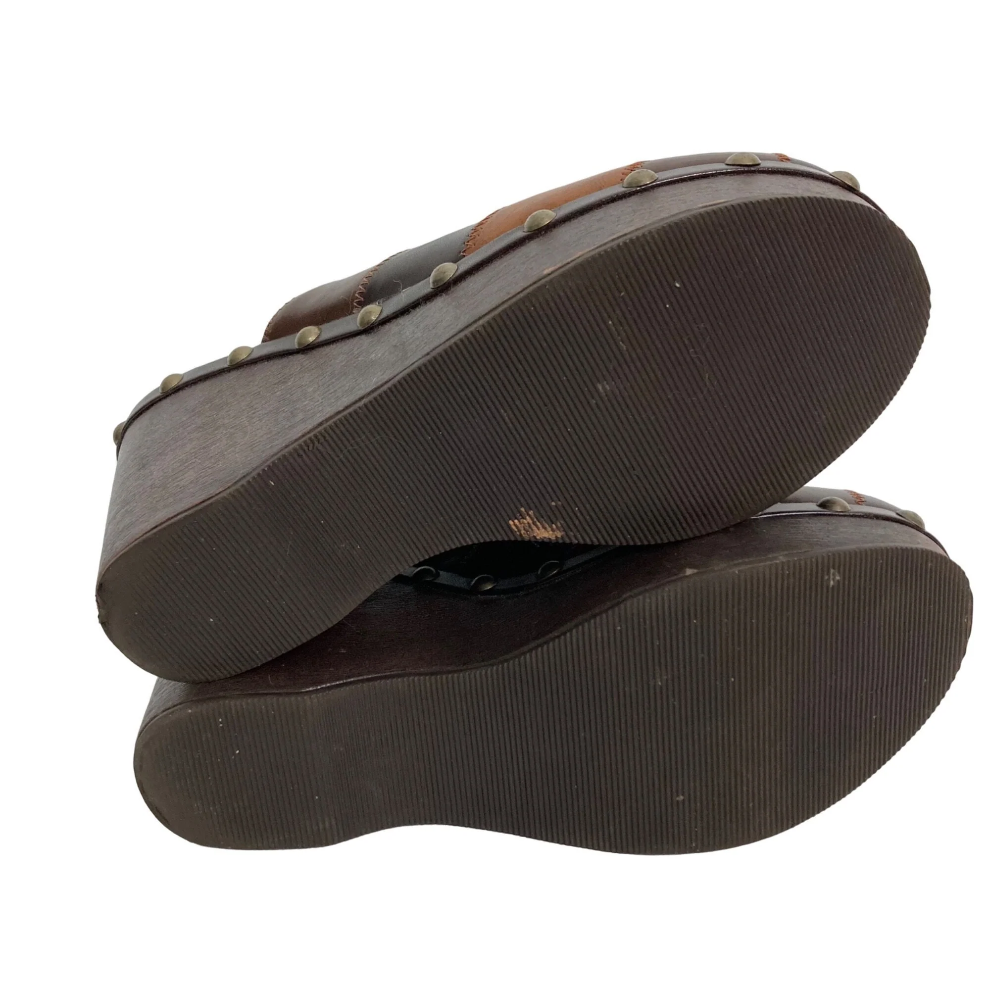 Vintage 00s Rule Clogs 9. 5 Brown Patchwork Wedge Heel Studs by Steve Madden - Image 10