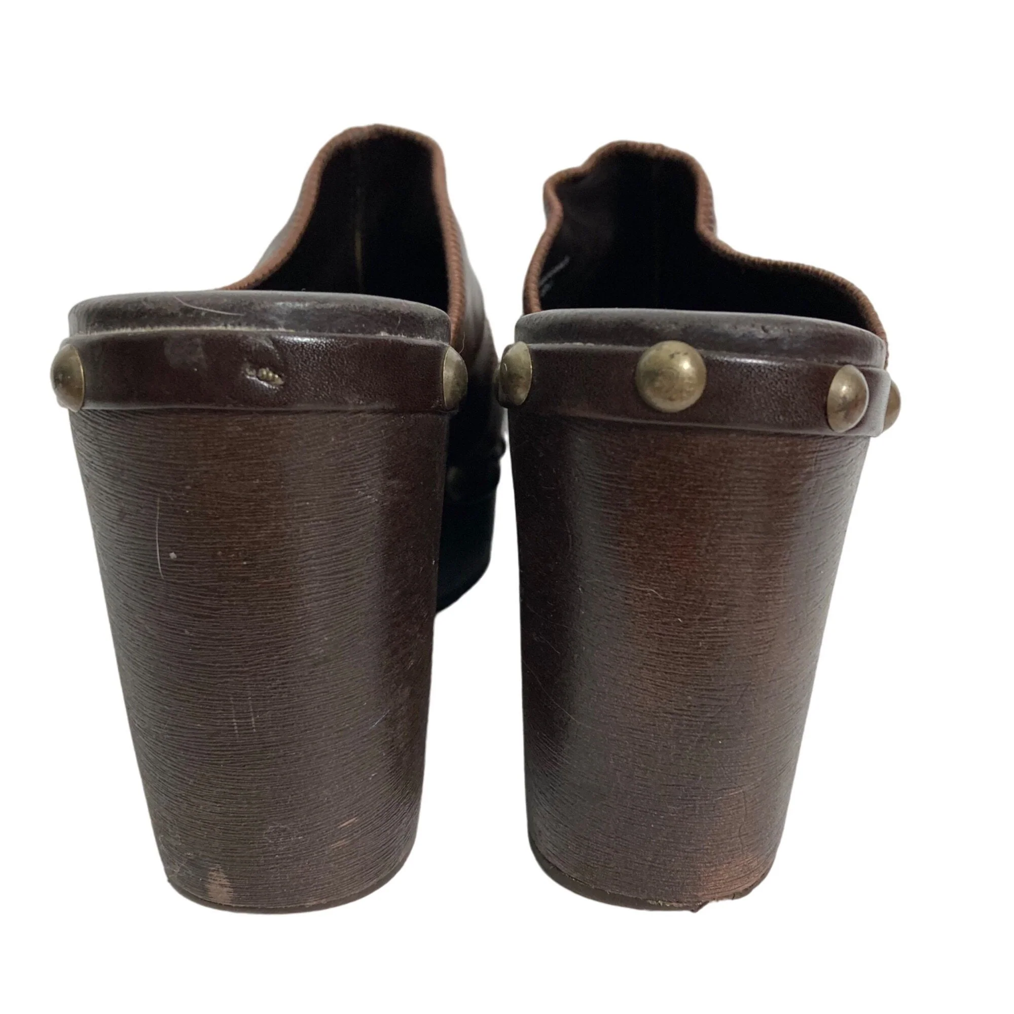 Vintage 00s Rule Clogs 9. 5 Brown Patchwork Wedge Heel Studs by Steve Madden - Image 6