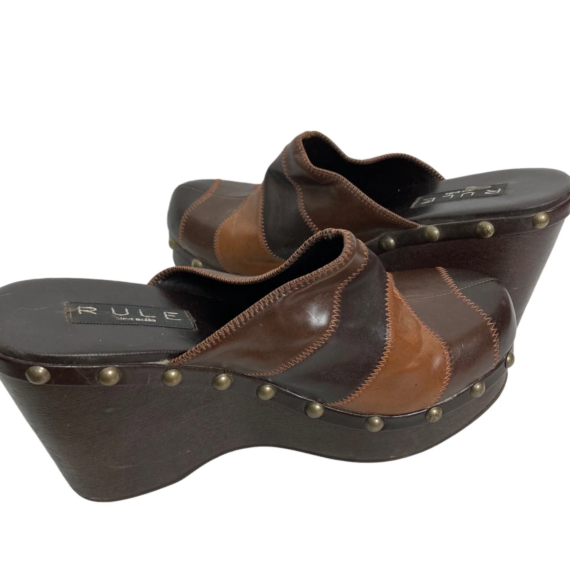 Vintage 00s Rule Clogs 9. 5 Brown Patchwork Wedge Heel Studs by Steve Madden - Image 8