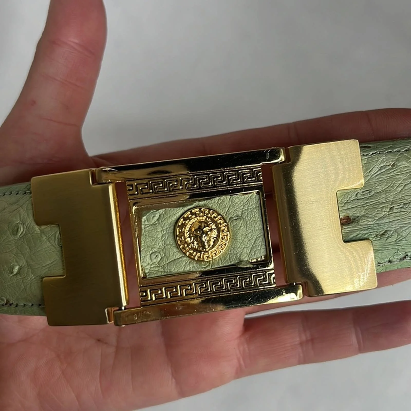 Vintage 00s Versace Belt Lime Green Ostrich Leather by Versace - Image 4