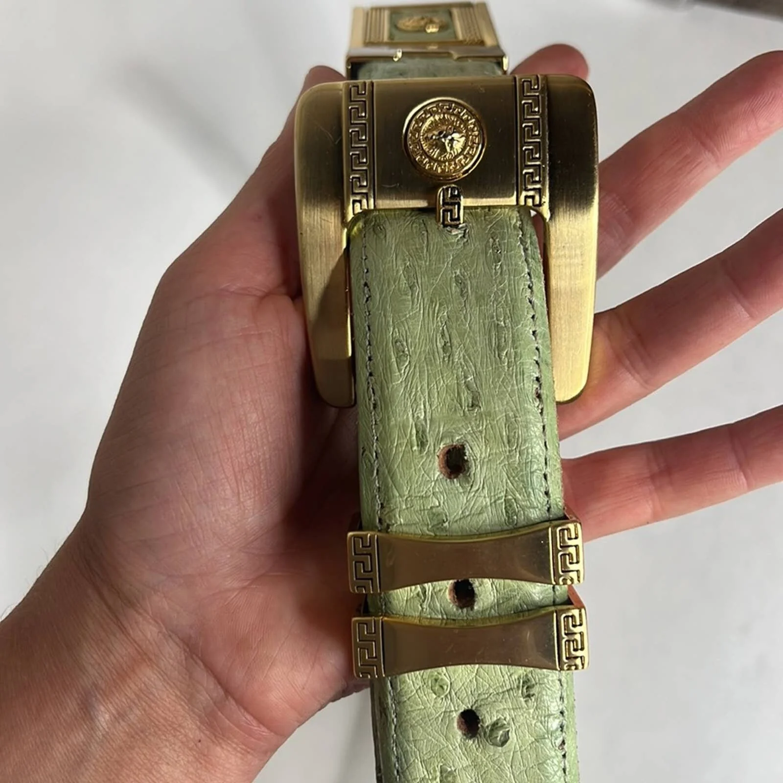 Vintage 00s Versace Belt Lime Green Ostrich Leather by Versace - Image 5