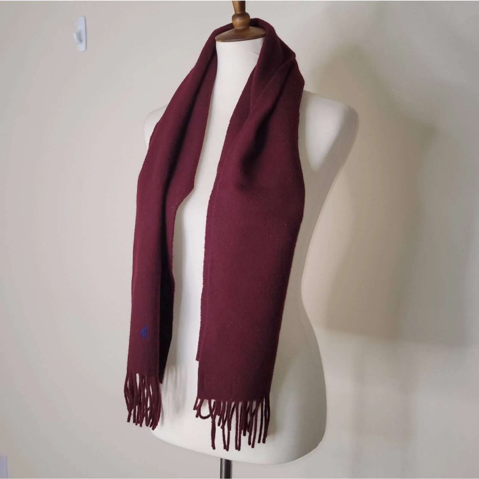 Vintage 100% Lambswool Maroon Fringe Scarf with Blue Horseman by Polo by Ralph Lauren - Image 2