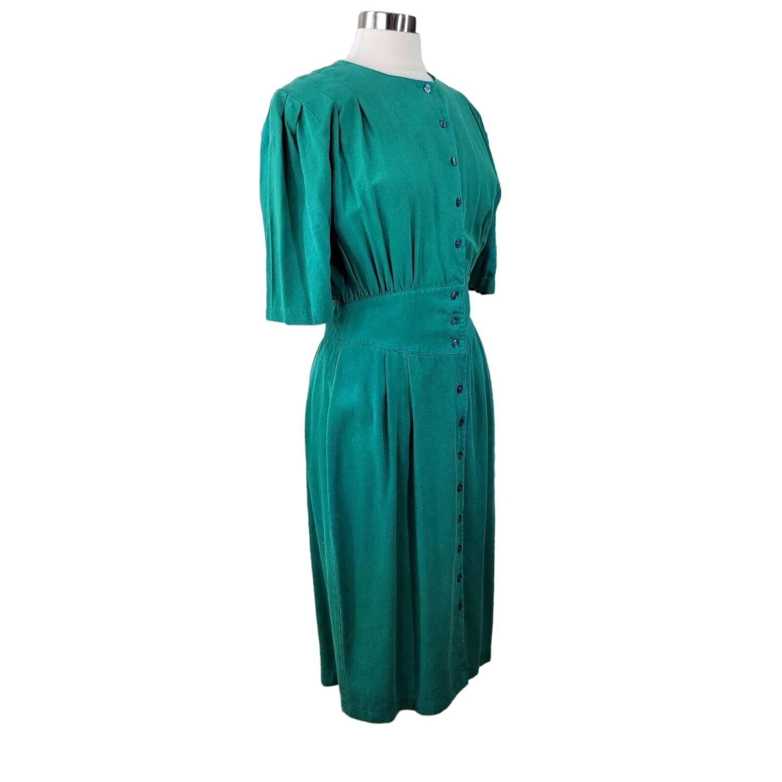 Vintage 100% Raw Silk Shirt Dress Size 14 Professional Button Up Green Event by Susan Bennett - Image 5