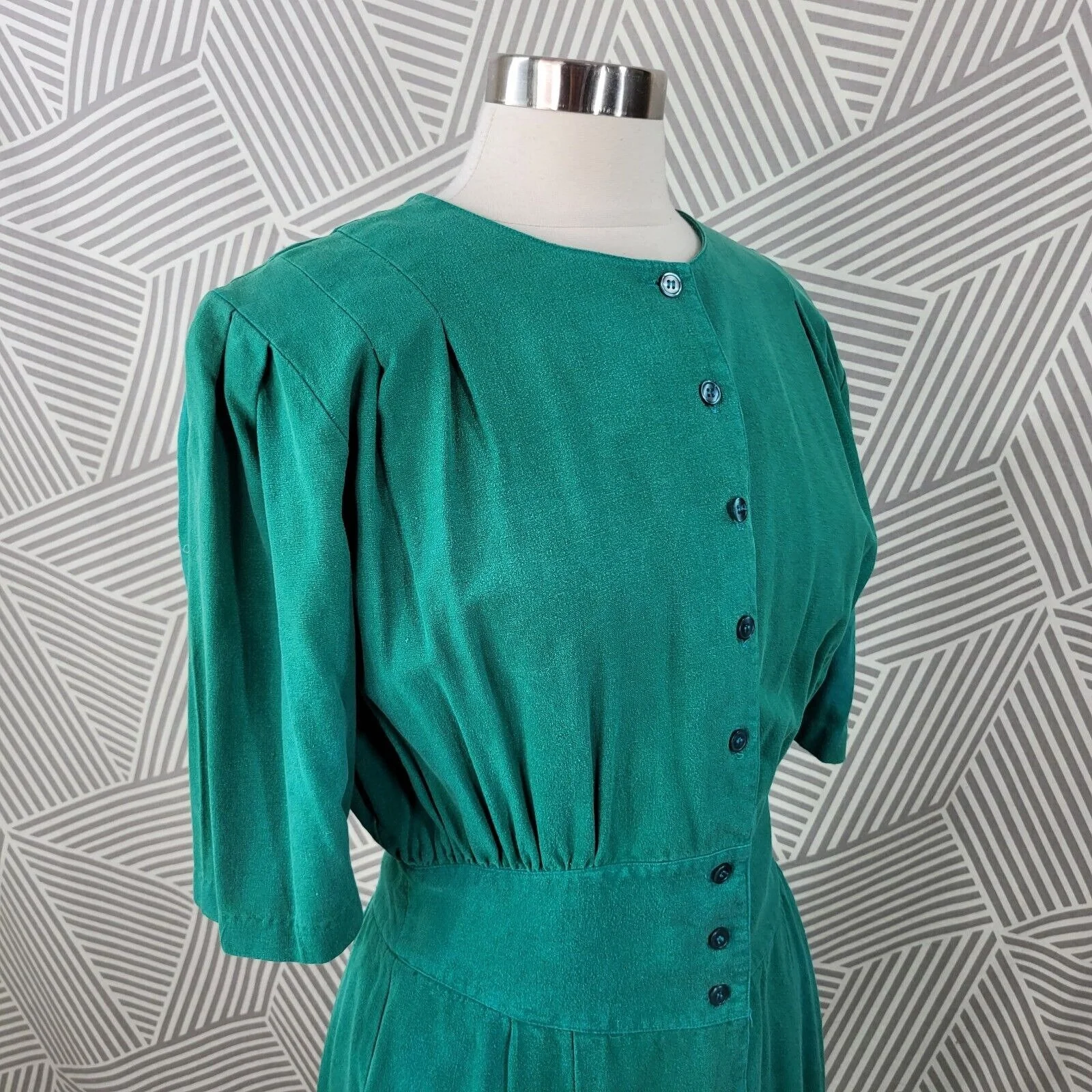 Vintage 100% Raw Silk Shirt Dress Size 14 Professional Button Up Green Event by Susan Bennett - Image 6