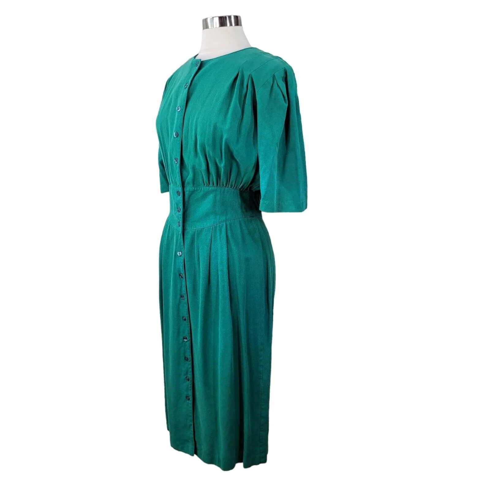 Vintage 100% Raw Silk Shirt Dress Size 14 Professional Button Up Green Event by Susan Bennett - Image 7