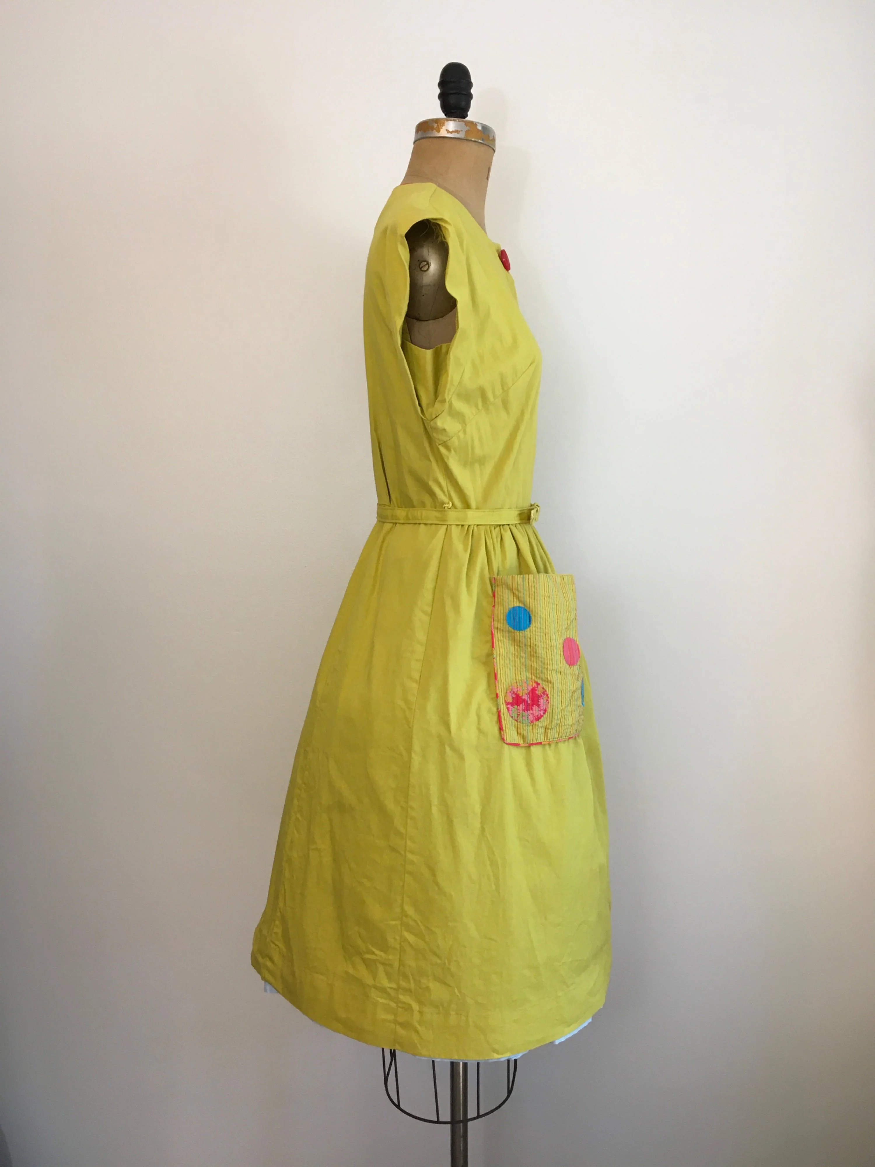 50’s Chartreuse Embroidered Pocket Dress by Kay Whitney Step N Go - Image 3