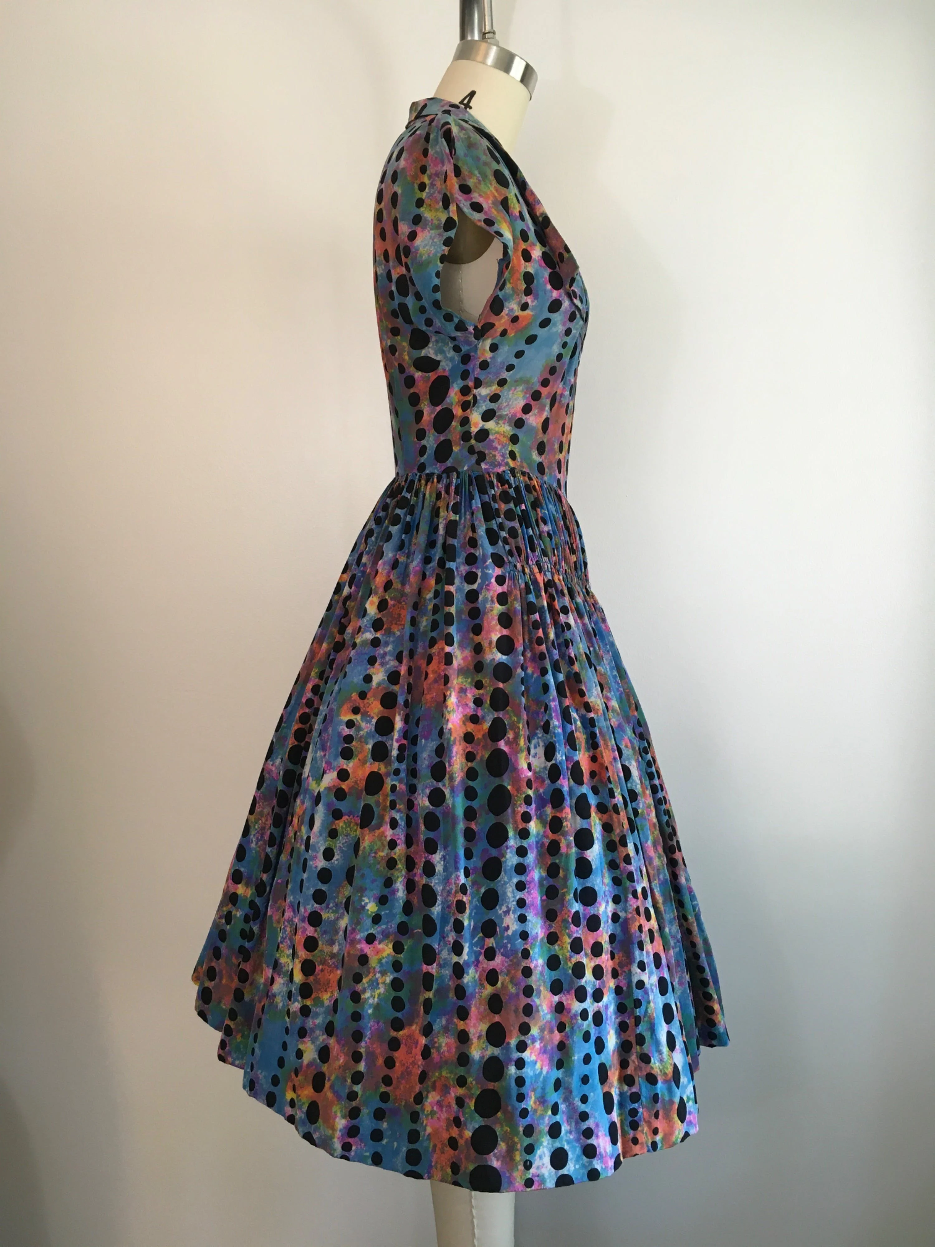 50's Rainbow Silk Polka Dot Dress - Image 3