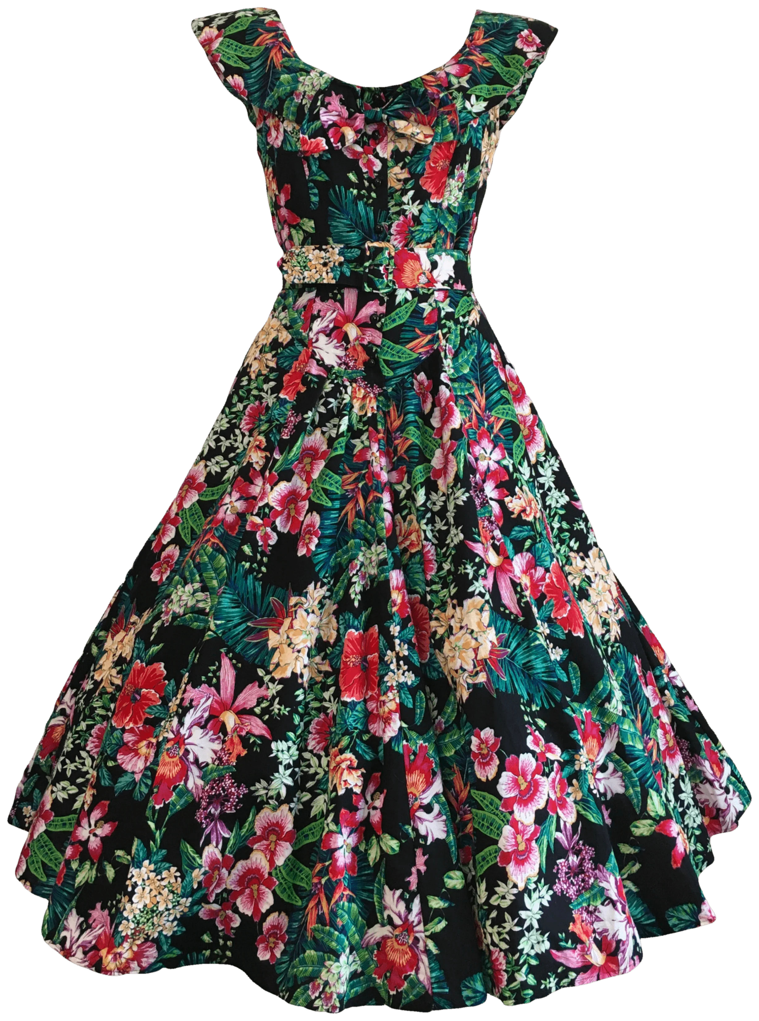 80's Tropical Orchid Print Garden Party Dress by Paquette Too