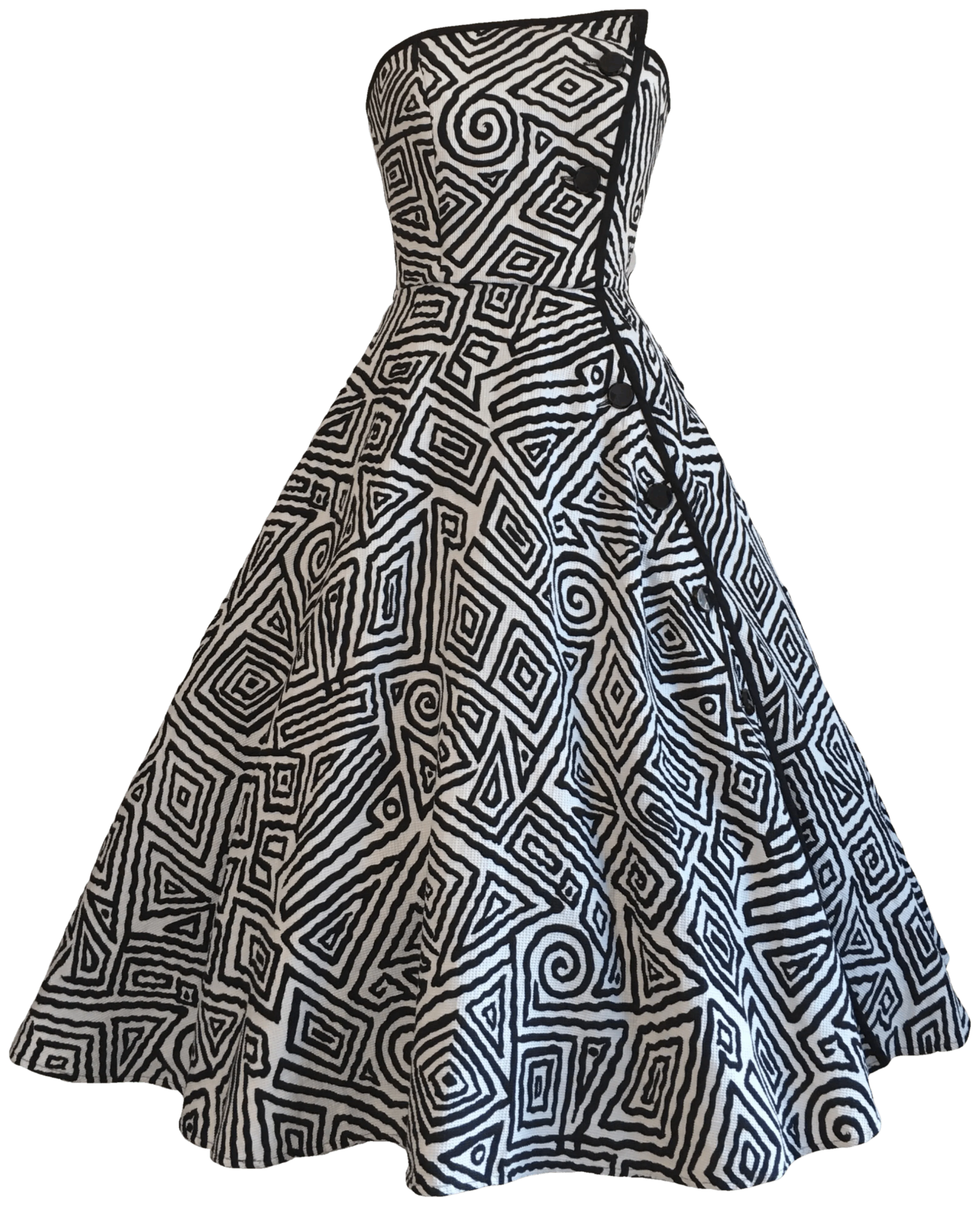 80's Abstract Strapless Black and White Party Dress