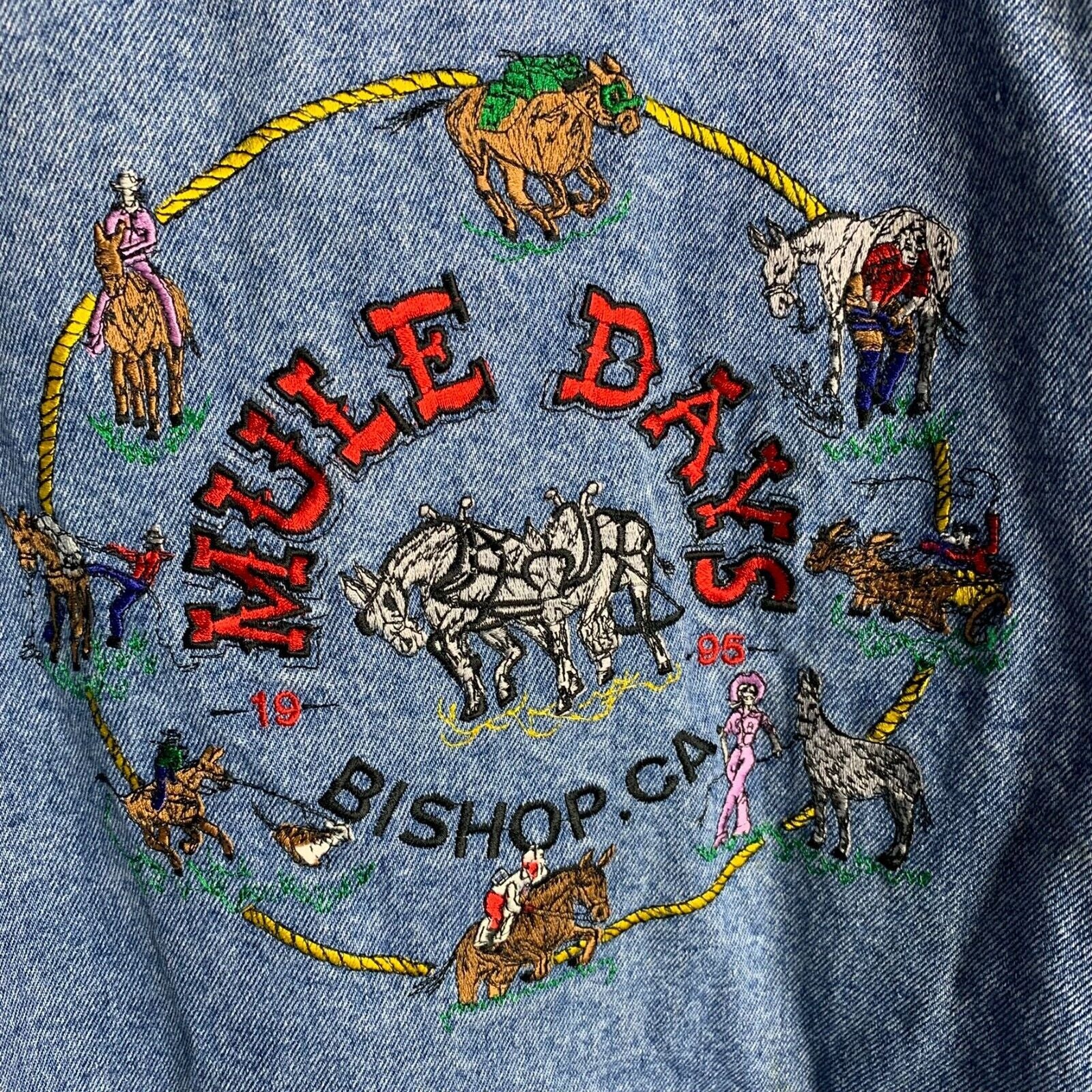 Vintage 1995 Mule Days Denim Trucker Jacket 3xl Med Wash Embroidered by Haleman Jeans Wear - Image 3