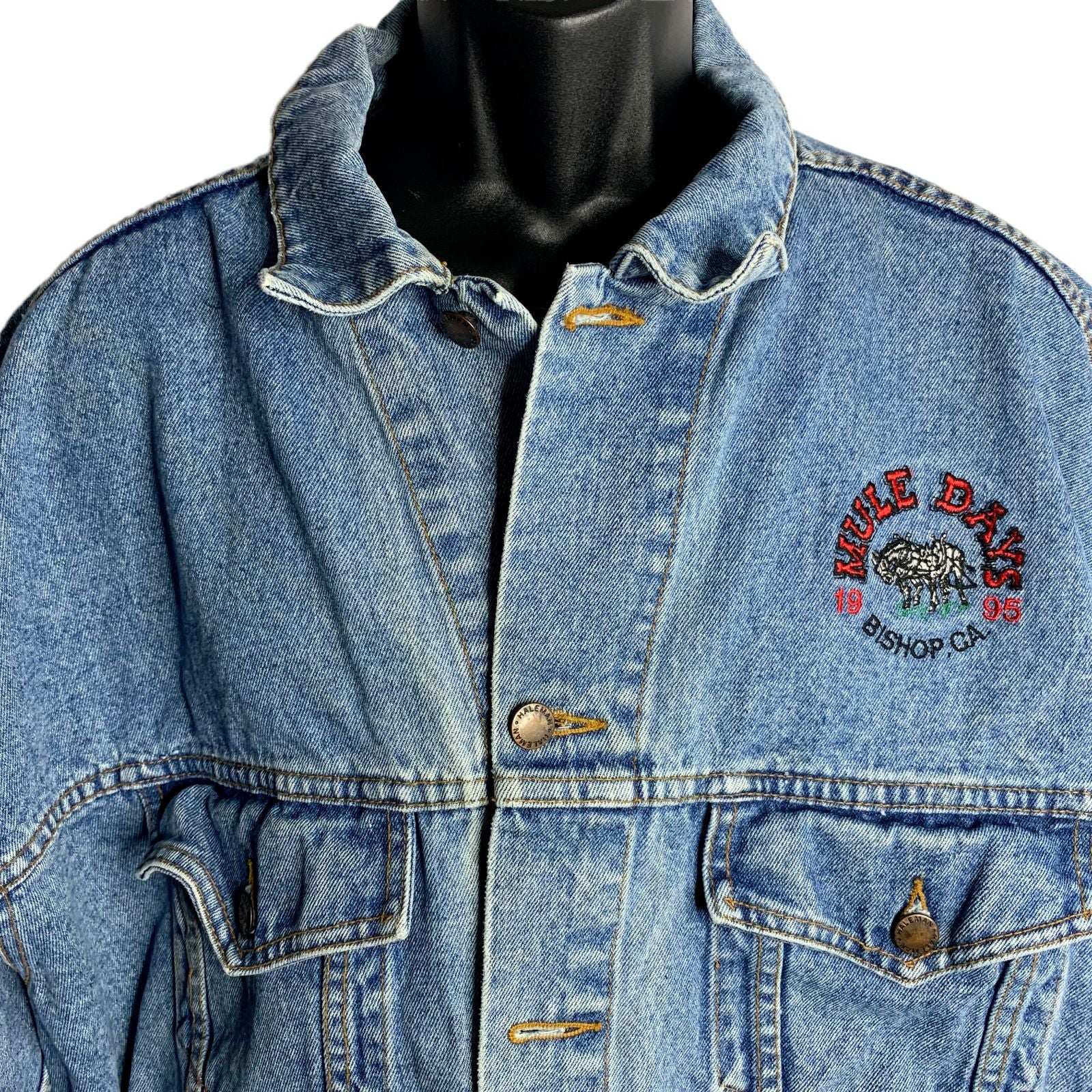 Vintage 1995 Mule Days Denim Trucker Jacket 3xl Med Wash Embroidered by Haleman Jeans Wear - Image 4