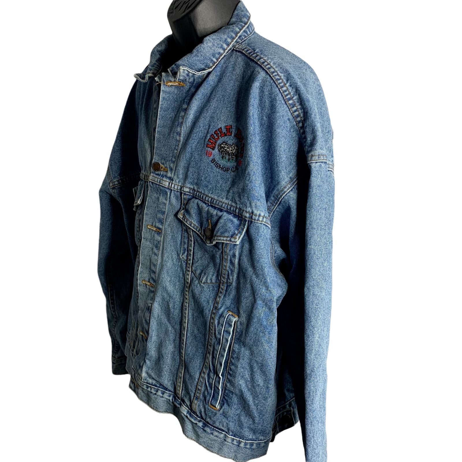 Vintage 1995 Mule Days Denim Trucker Jacket 3xl Med Wash Embroidered by Haleman Jeans Wear - Image 6