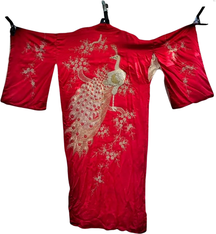 Vintage 20s Red Silk Robe Antique Handmade Large Gold and Silver Couching Embroidery Peacock and Cherry Tree - Image 2