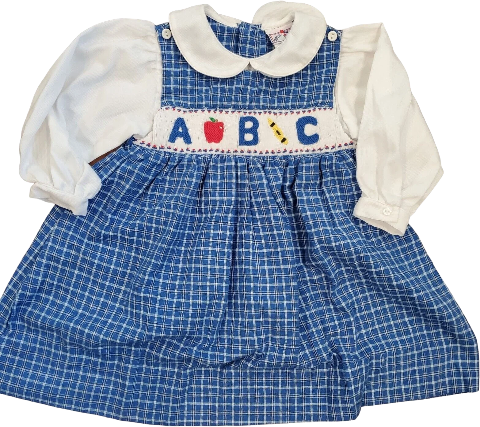 Vintage 2t Girls Abc School Pinafore Apron Dress Blue Plaid by Petit Ami