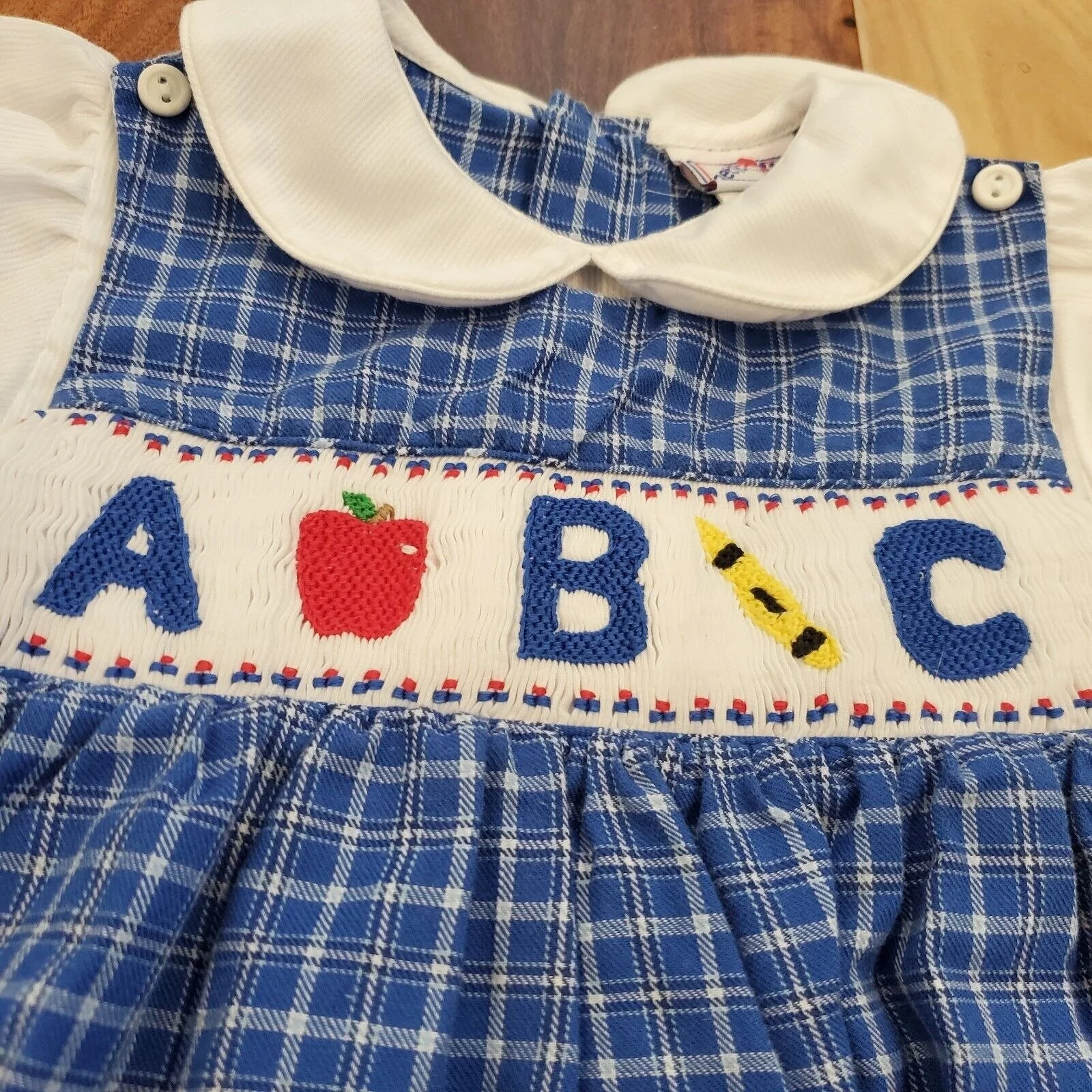 Vintage 2t Girls Abc School Pinafore Apron Dress Blue Plaid by Petit Ami - Image 3