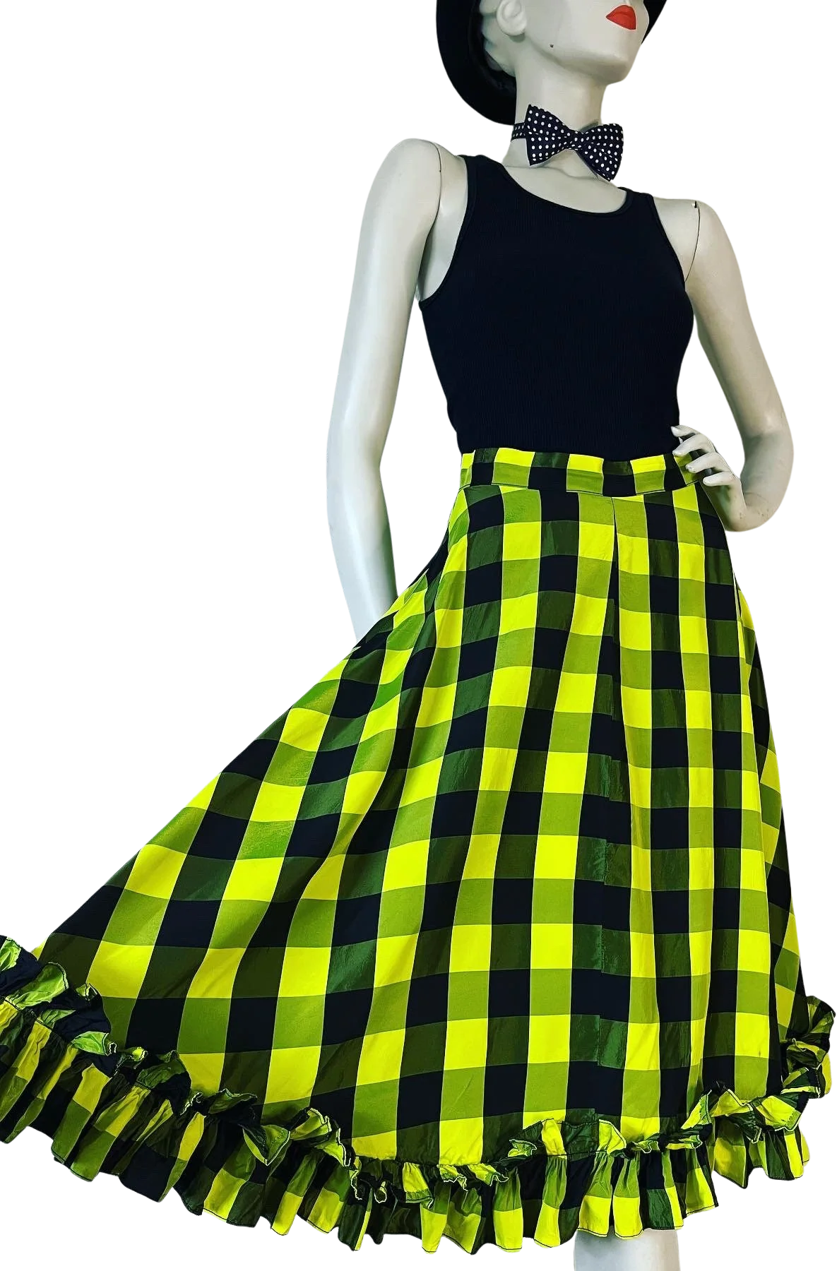 Vintage 30s 40s Highlighter Neon Yellow and Black Buffalo Plaid Silk Taffeta Skirt with Double Ruffle Hem